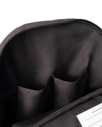 inside view of pockets in Corduroy kids backpack with front pocket, laptop sleeve, health label, name label, options to personalise a name with embroidery, spacious. perfect for school or travel. this colour is charcoal