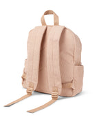 back view of straps onCorduroy kids backpack with front pocket, laptop sleeve, health label, name label, options to personalise a name with embroidery, spacious. perfect for school or travel. this colour is latte