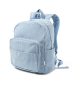 side view of Corduroy kids backpack with front pocket, laptop sleeve, health label, name label, options to personalise a name with embroidery, spacious. perfect for school or travel. this colour is powder blue