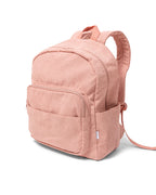 side view of Corduroy kids backpack with front pocket, laptop sleeve, health label, name label, options to personalise a name with embroidery, spacious. perfect for school or travel. this colour is dusty rose