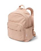 side view of Corduroy kids backpack with front pocket, laptop sleeve, health label, name label, options to personalise a name with embroidery, spacious. perfect for school or travel. this colour is latte