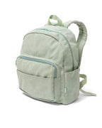 side view of Corduroy kids backpack with front pocket, laptop sleeve, health label, name label, options to personalise a name with embroidery, spacious. perfect for school or travel. this colour is sage