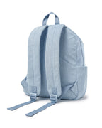 back view of straps on Corduroy kids backpack with front pocket, laptop sleeve, health label, name label, options to personalise a name with embroidery, spacious. perfect for school or travel. this colour is powder blue
