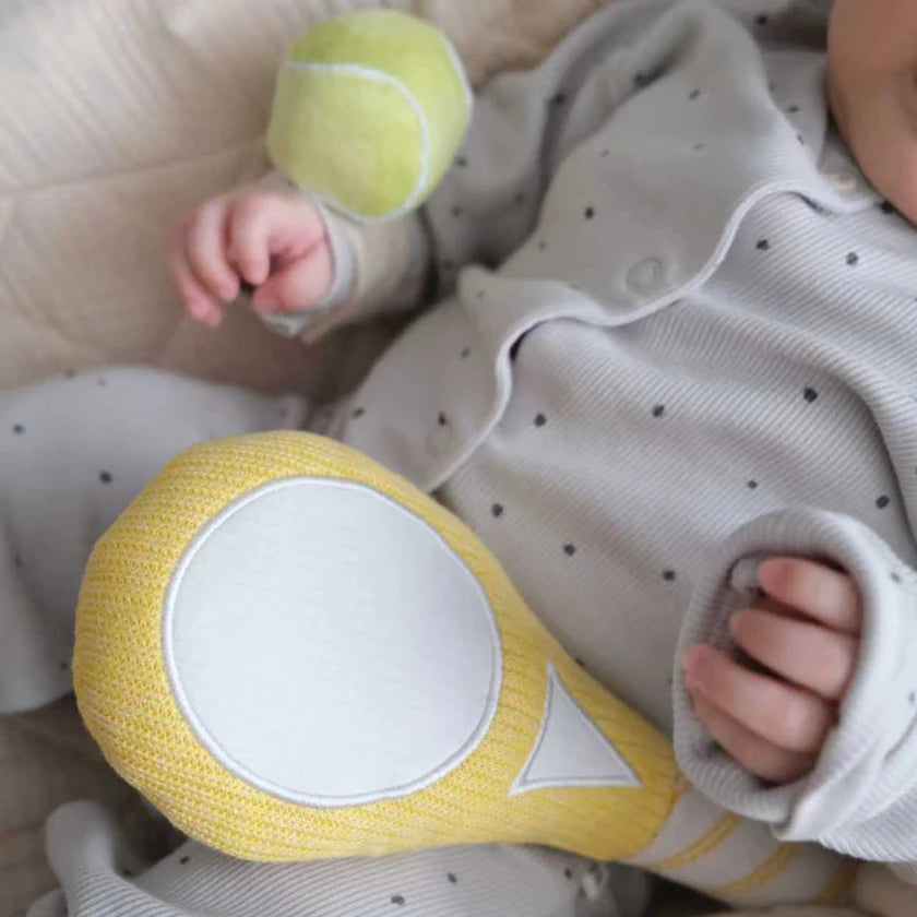 Soft tennis themed baby rattles by Little Lamb Kind