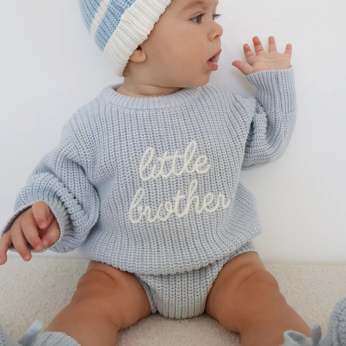 Little Brother long sleeve knit baby romper in powder blue by Blossom and Pear