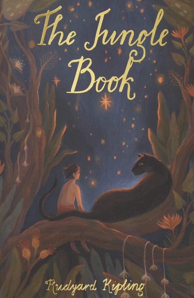 The Jungle Book children’s book by Rudyard Kipling with illustrated cover of Mowgli sitting with a black panther in a glowing jungle scene