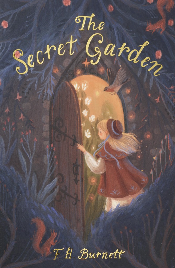 The Secret Garden illustrated book cover magical garden door and child discovering hidden garden
