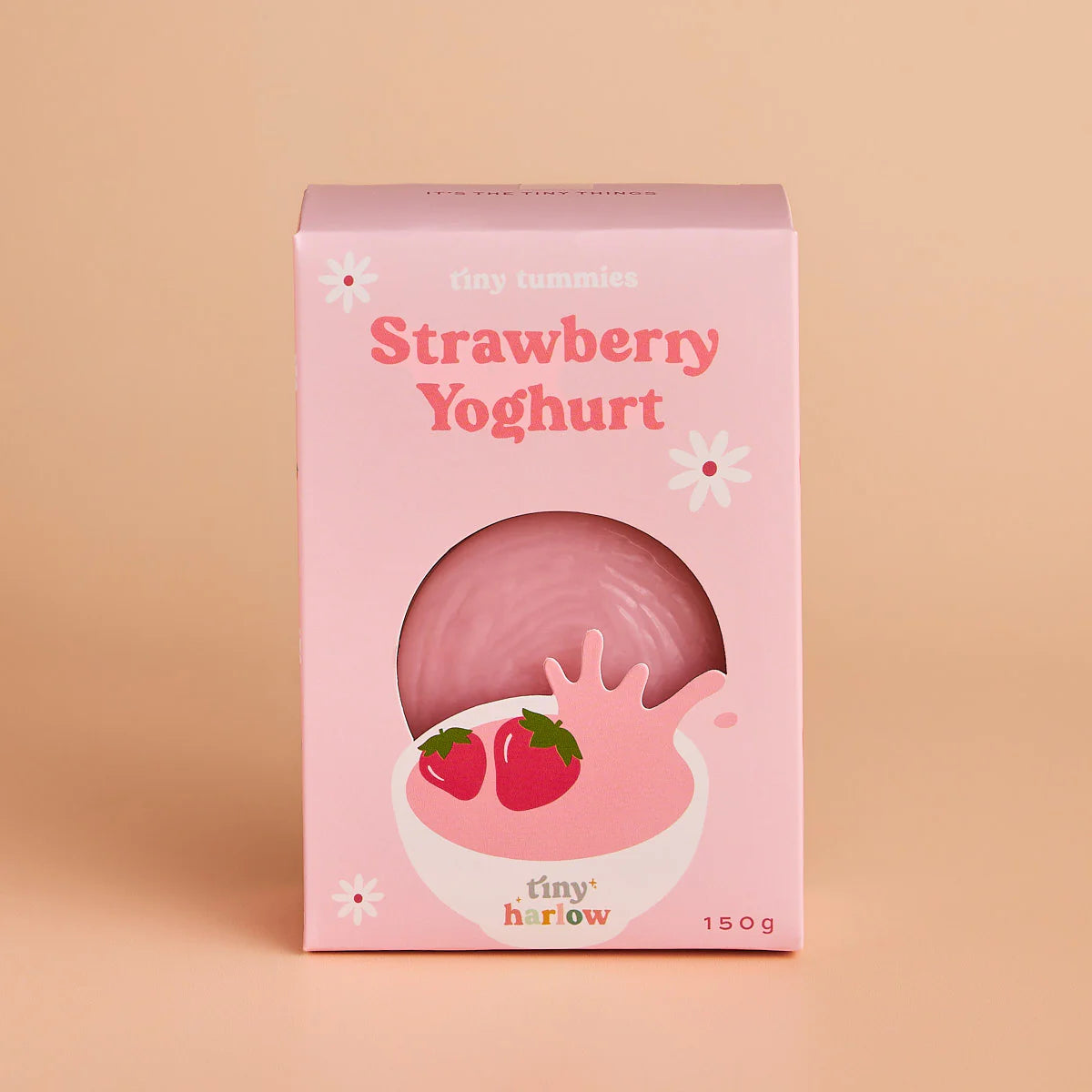 packaging of jar of tiny tummies bowl pretend baby dolls food which is magic and disappearing, perfect gifting brand is tiny harlow and flavour is strawberry yoghurt