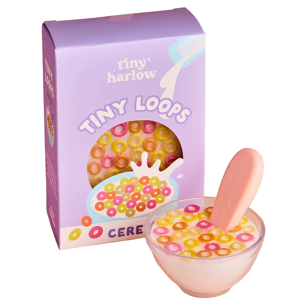 cereal bowl of tiny loops tiny tummies pretend baby dolls food which is magic and disappearing, brand is tiny harlow and flavour is tiny loops cereal