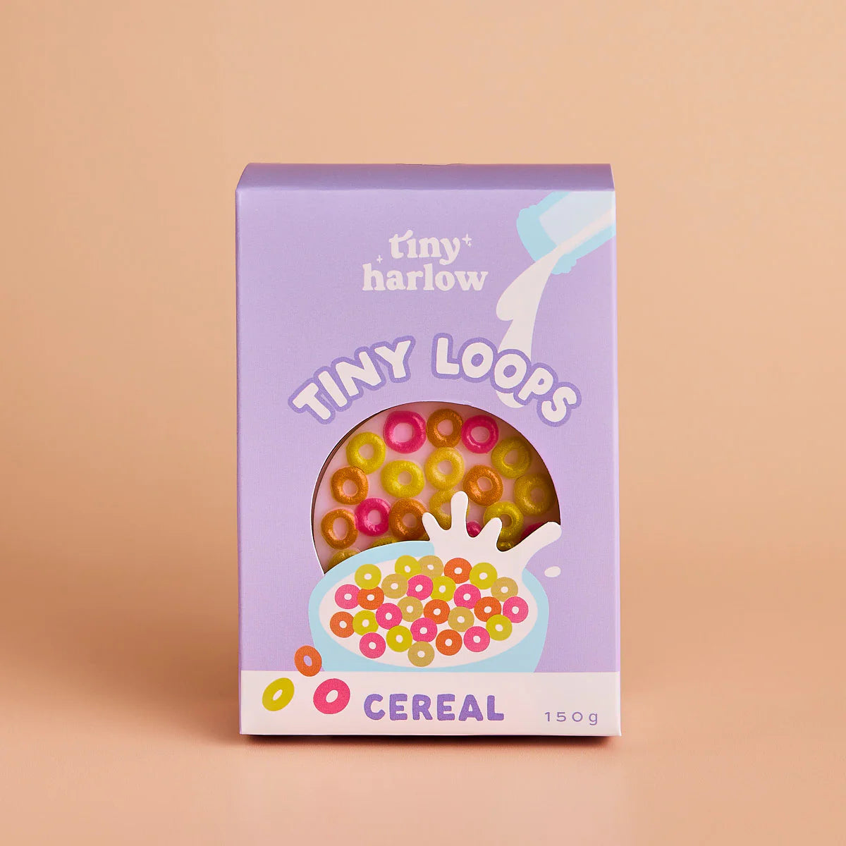 packaging of bowl of tiny tummies tiny loops pretend baby dolls food which is magic and disappearing, perfect gifting brand is tiny harlow and flavour is ceral tiny loops