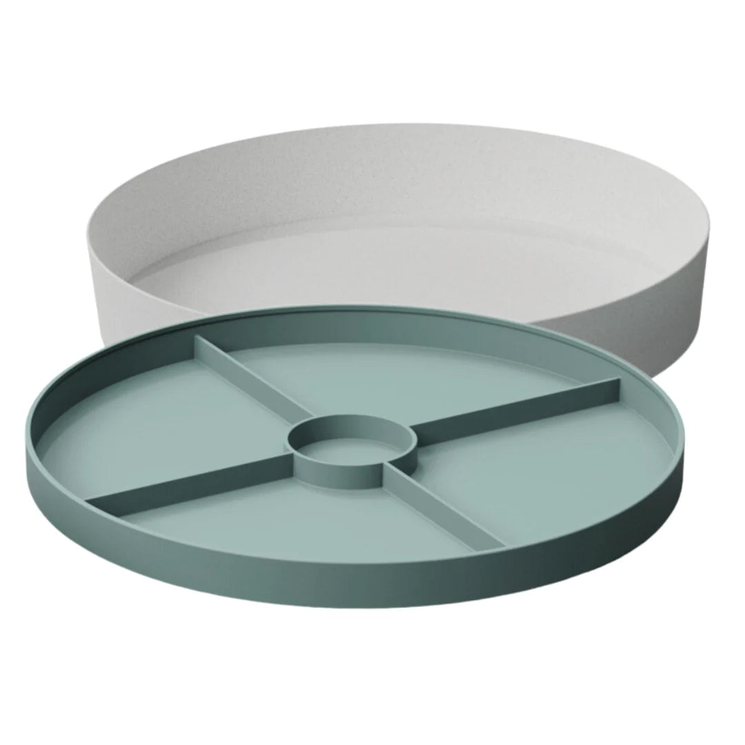 Round sage sensory tray for messy play and small world activities
