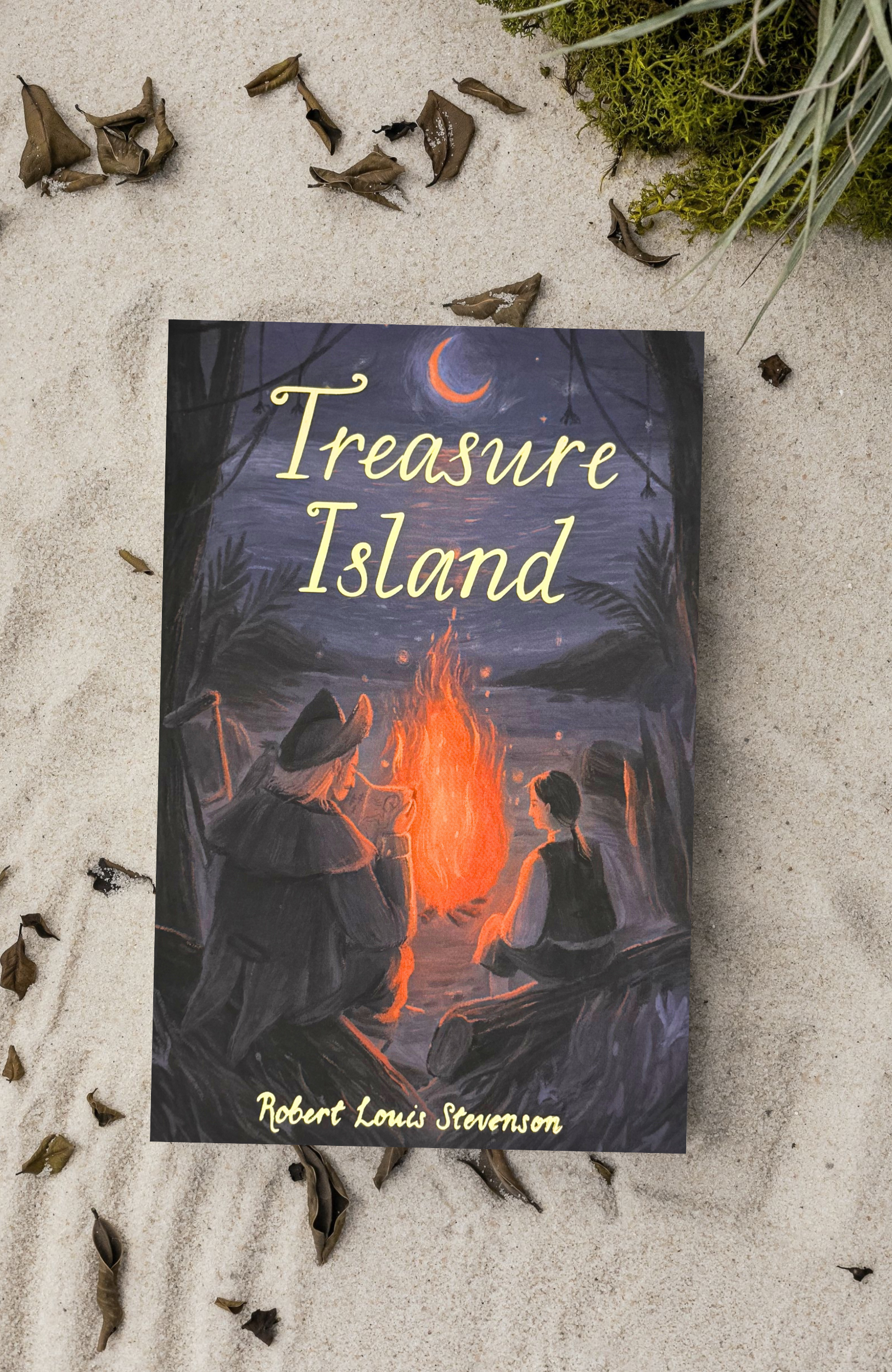 Treasure Island paperback book by Robert Louis Stevenson with illustrated cover showing pirates around a campfire at night