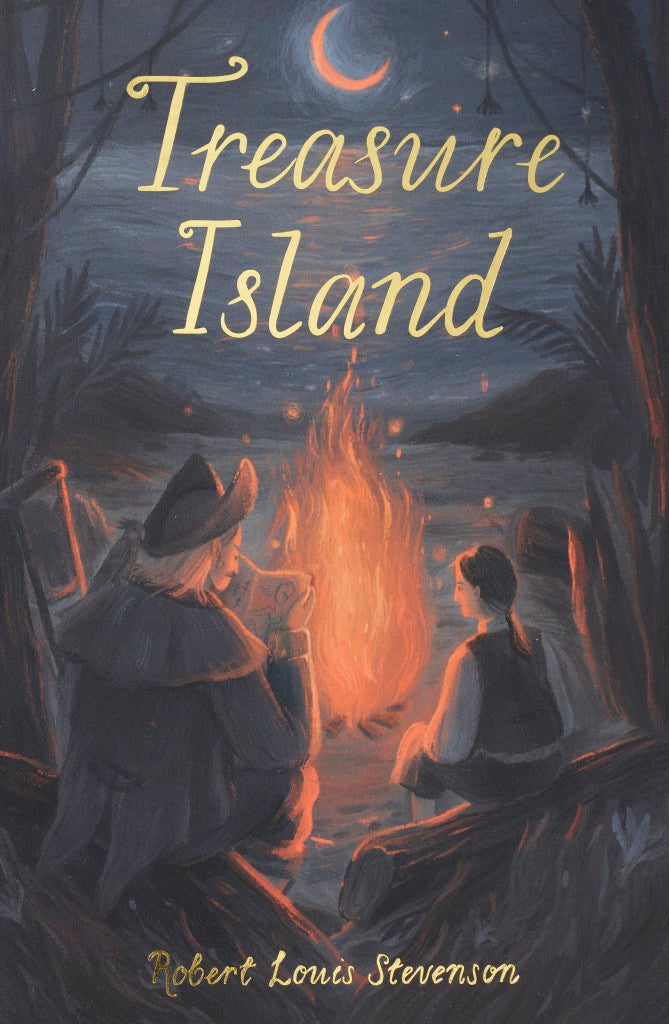Treasure Island paperback book by Robert Louis Stevenson with illustrated cover showing pirates around a campfire at night