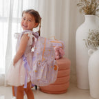 girls wearing fit of Fox & Fallow backpack for kids, perfect for school, daycare and everyday use. Spacious, practical and designed for little adventures. Personalisation of embroidery with name also available on bags in 2 placements. This print is unicorns