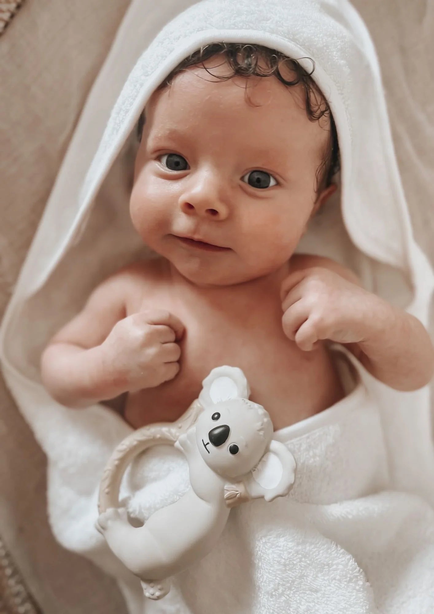 Baby holding Winnie Parkes Banks the Koala teething ring