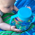 Portable sensory play jar for toddlers in blue
