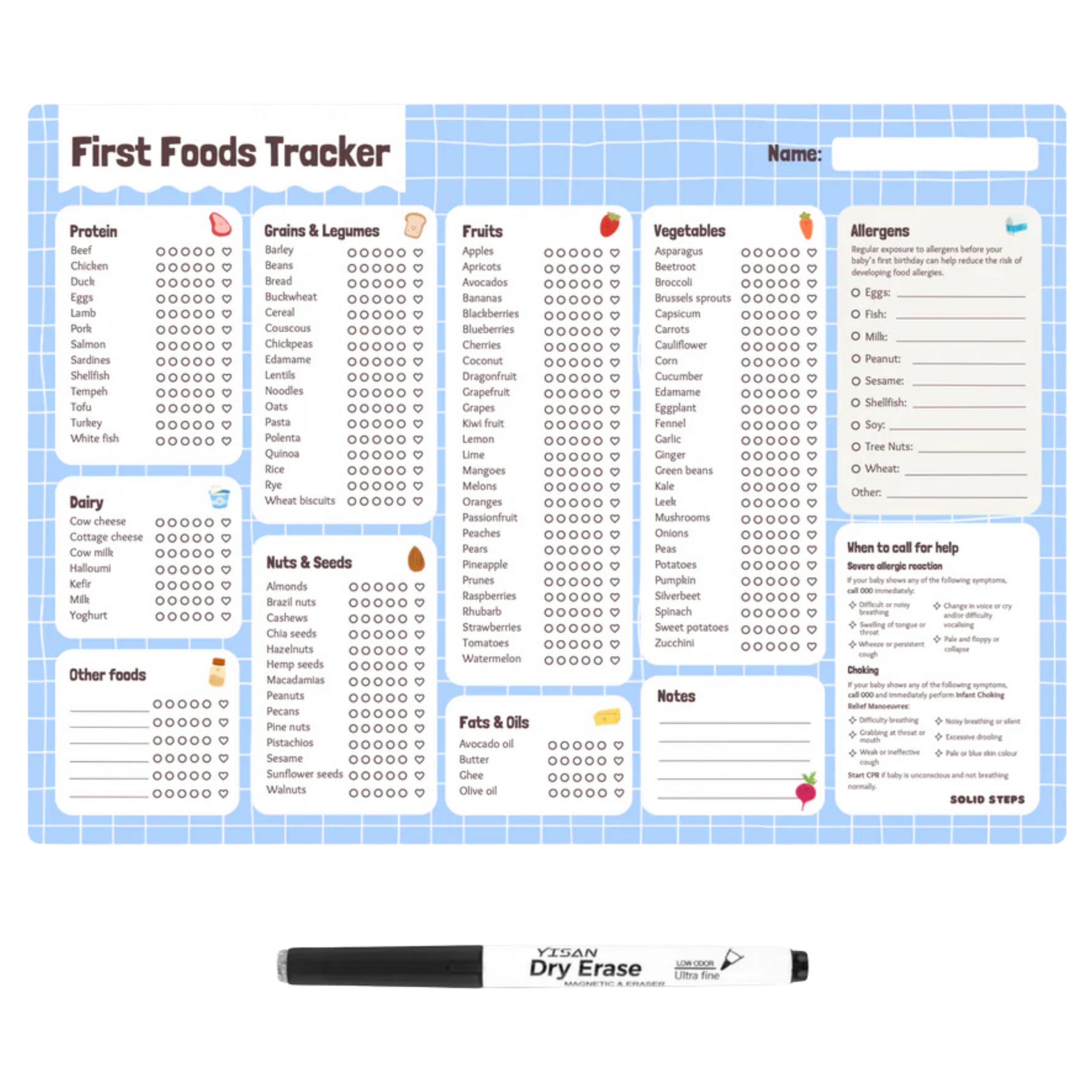 By the brand solid steps, these are baby first foods and allergens A3 fridge magnet for staring solids and ticking off first foods tracker. is a whiteboard material and comes with whiteboard marker. The colour is blue