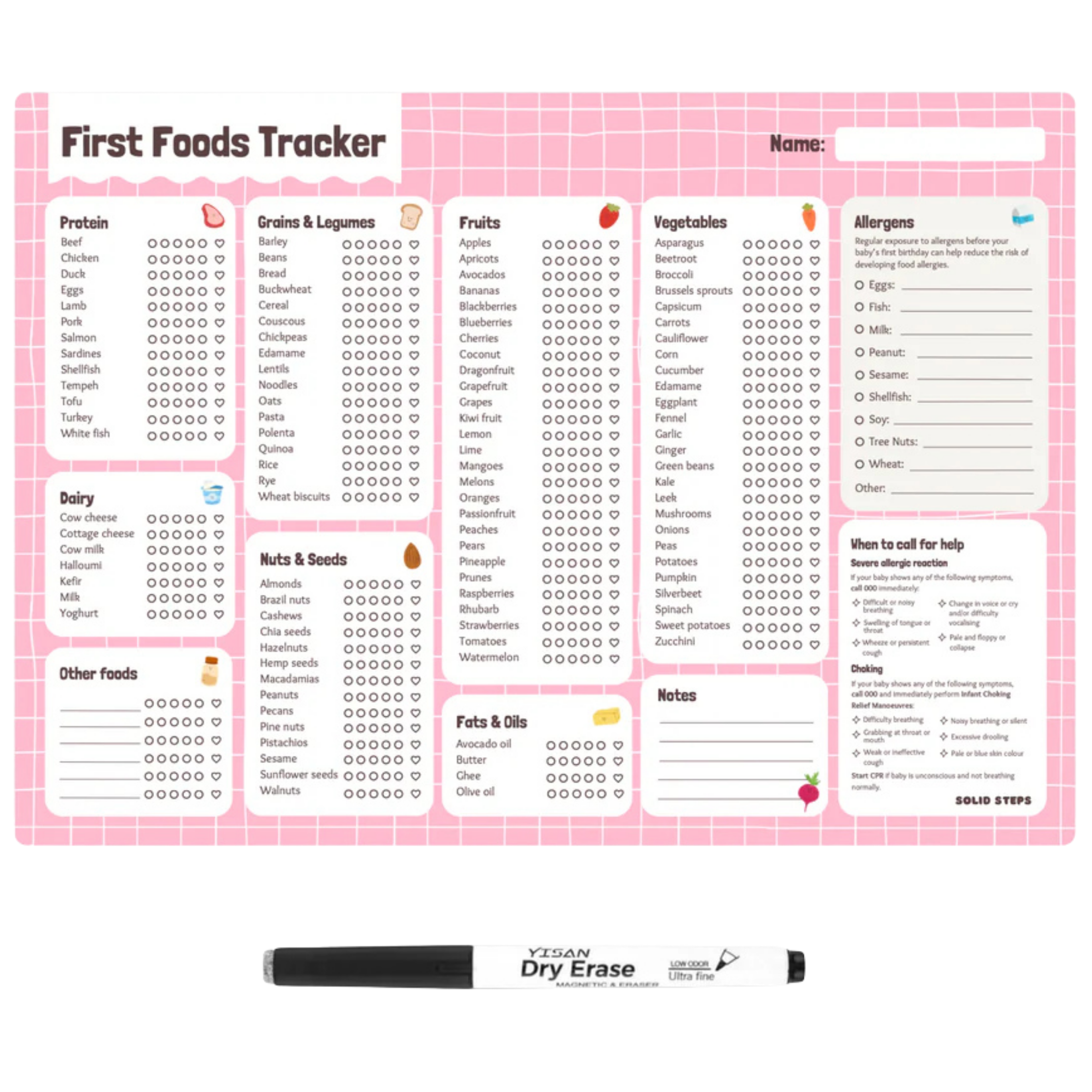 By the brand solid steps, these are baby first foods and allergens A3 fridge magnet for staring solids and ticking off first foods tracker. is a whiteboard material and comes with whiteboard marker. The colour is pink