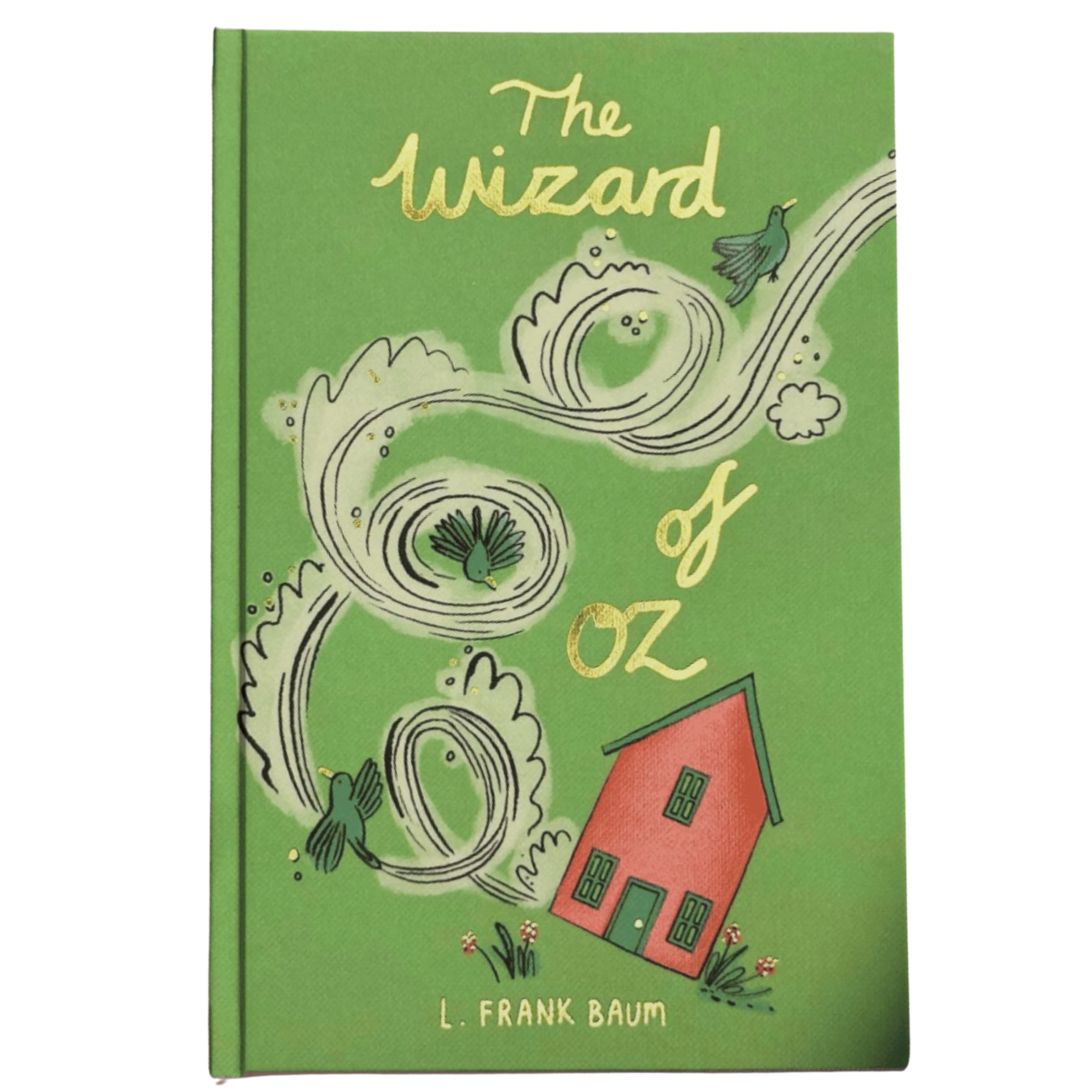 front of The Wizard of Oz collector’s edition hardback book with green illustrated cover and gold foil lettering by L. Frank Baum