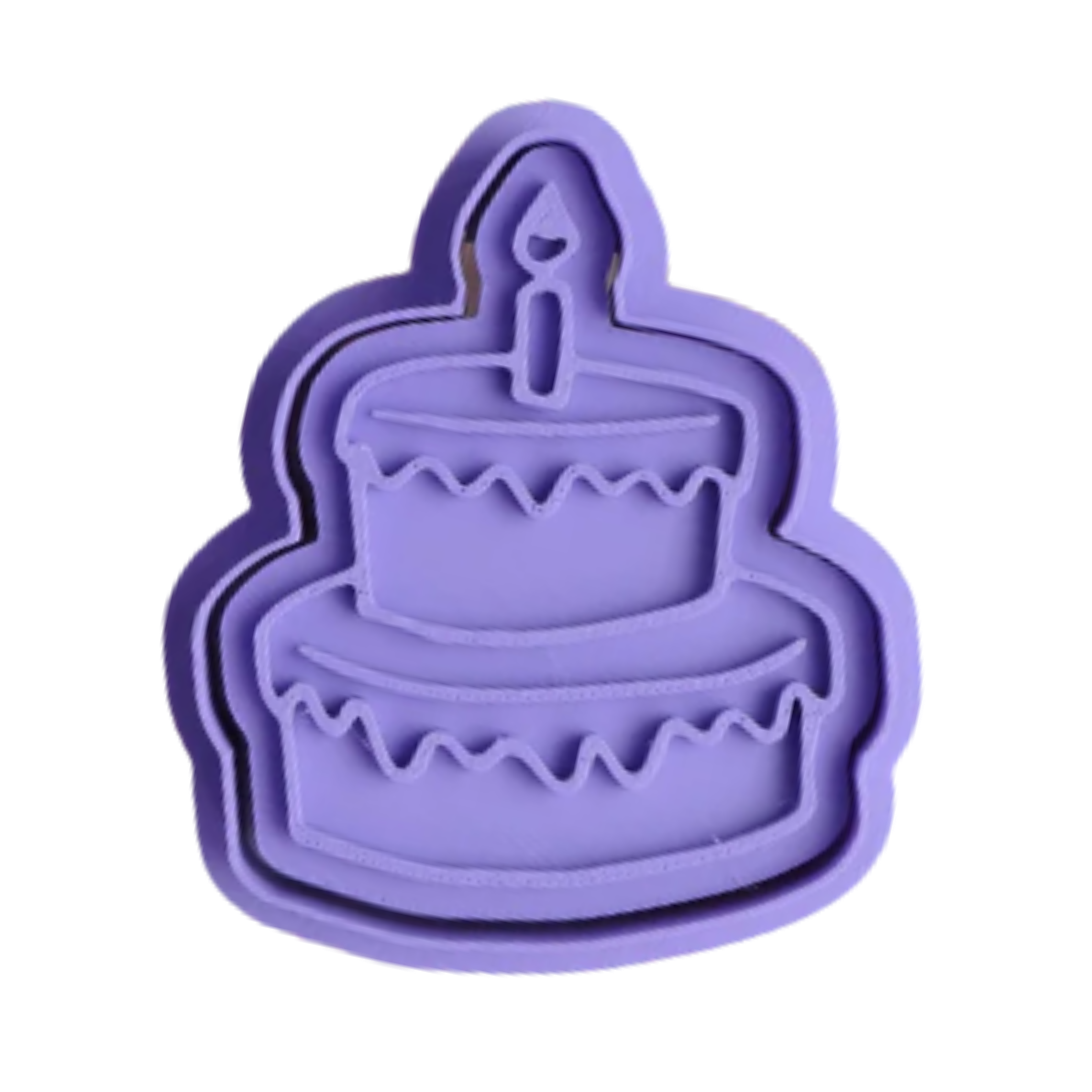 stock image of playdough/clay stamp and cutter. Eco-friendly sensory play tool by brand playsense perfect for creative and imaginative play. can also be used for cookies and baking. pictured is celebration cake