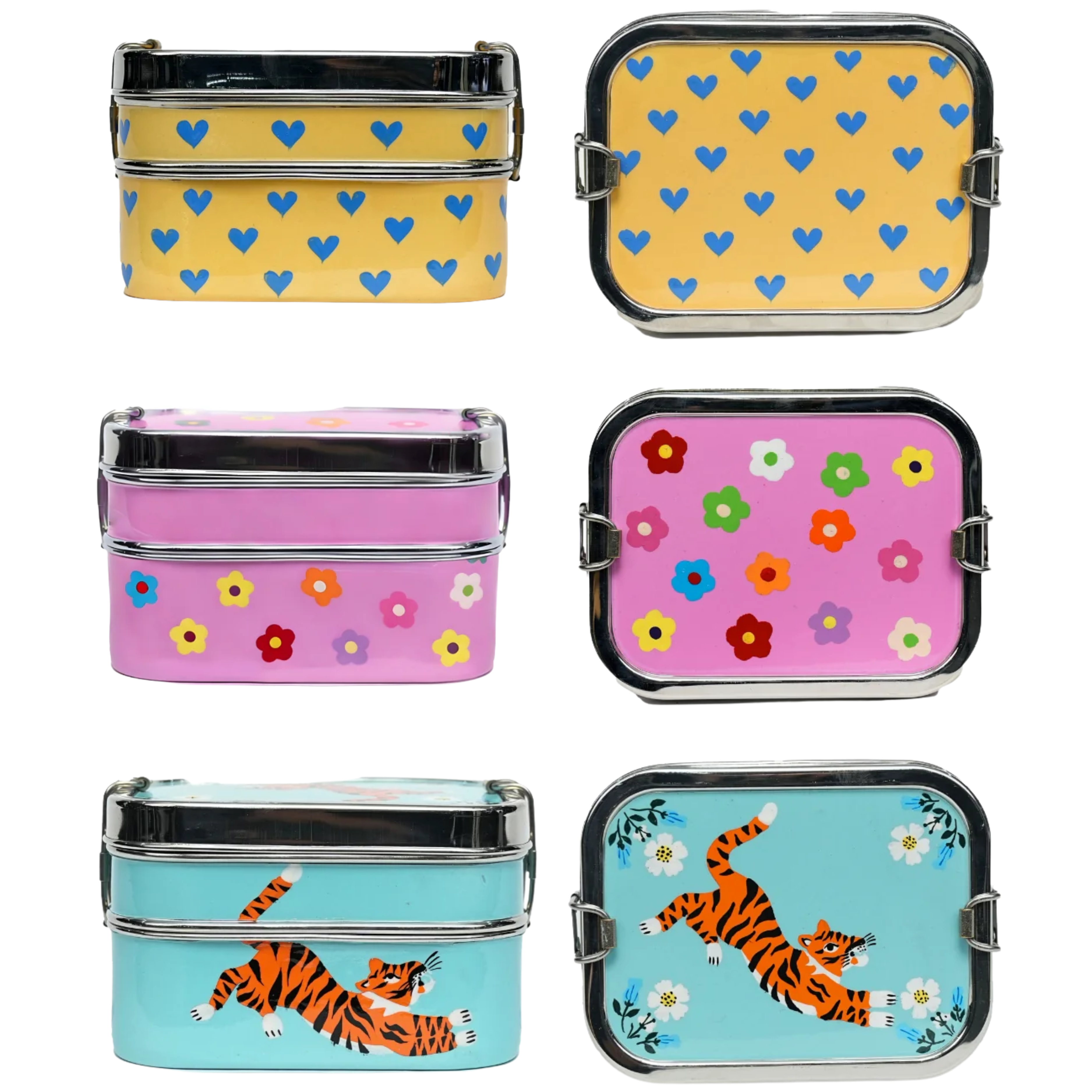 Set of colorful tucker boxes with different patterns on a white background from picnic folk