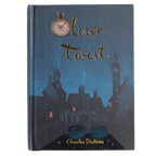 cover of Oliver Twist collector’s edition hardcover by Charles Dickens with navy blue illustrated cover, gold foil title, cloth-bound finish.