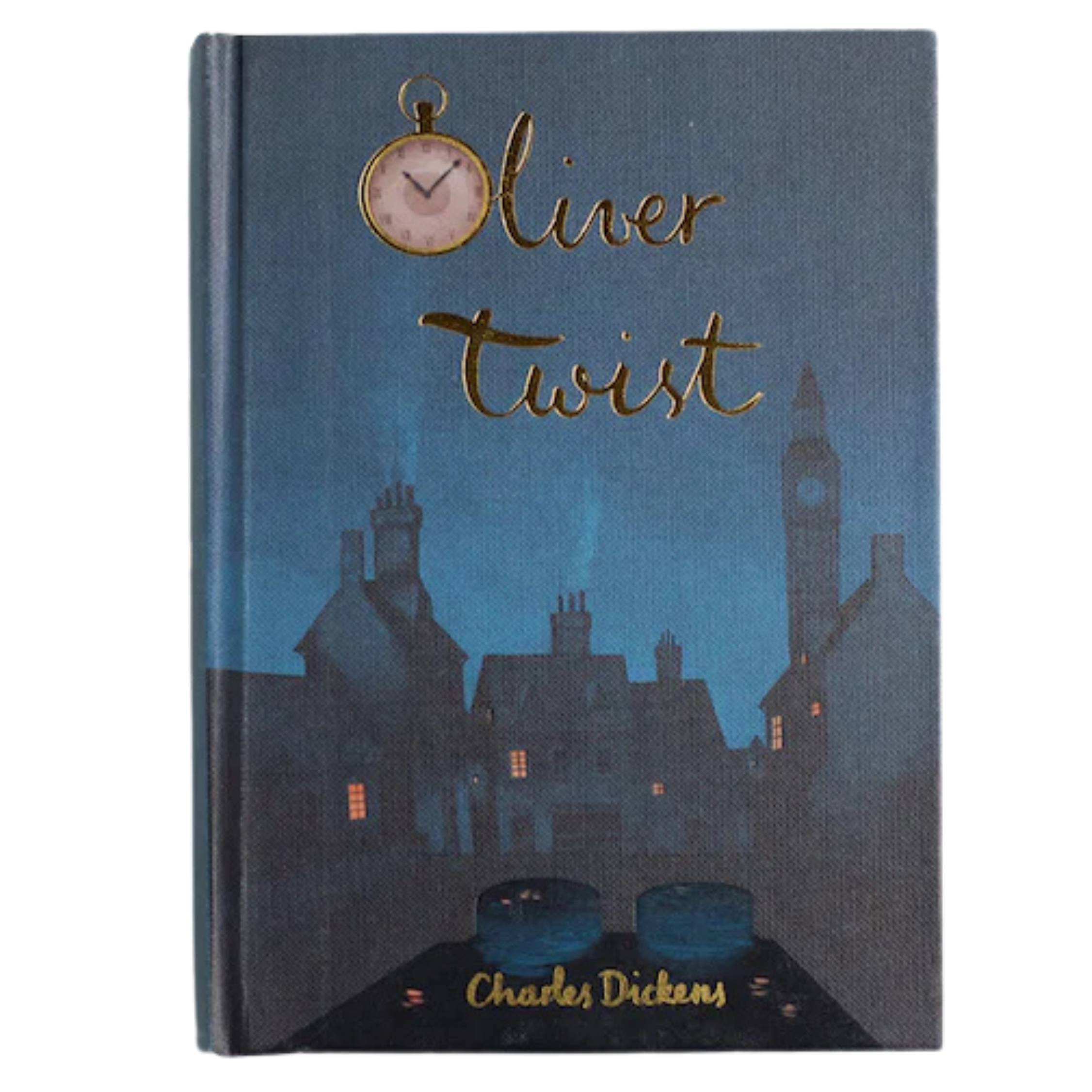 cover of Oliver Twist collector’s edition hardcover by Charles Dickens with navy blue illustrated cover, gold foil title, cloth-bound finish.