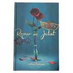front cover Romeo and Juliet collector’s edition hardcover book by William Shakespeare with blue cover, gold foil title, rose illustration and decorative mask