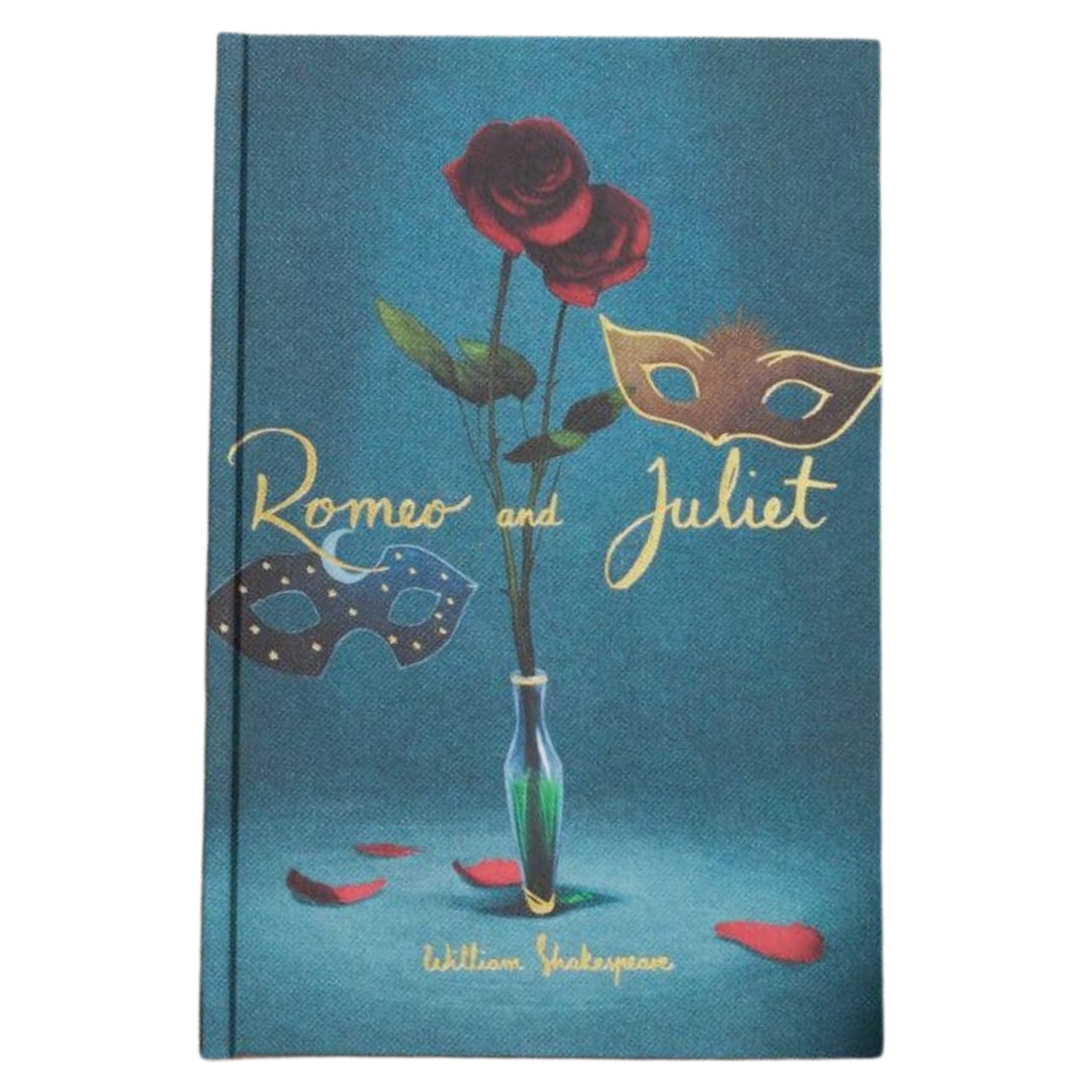 front cover Romeo and Juliet collector’s edition hardcover book by William Shakespeare with blue cover, gold foil title, rose illustration and decorative mask