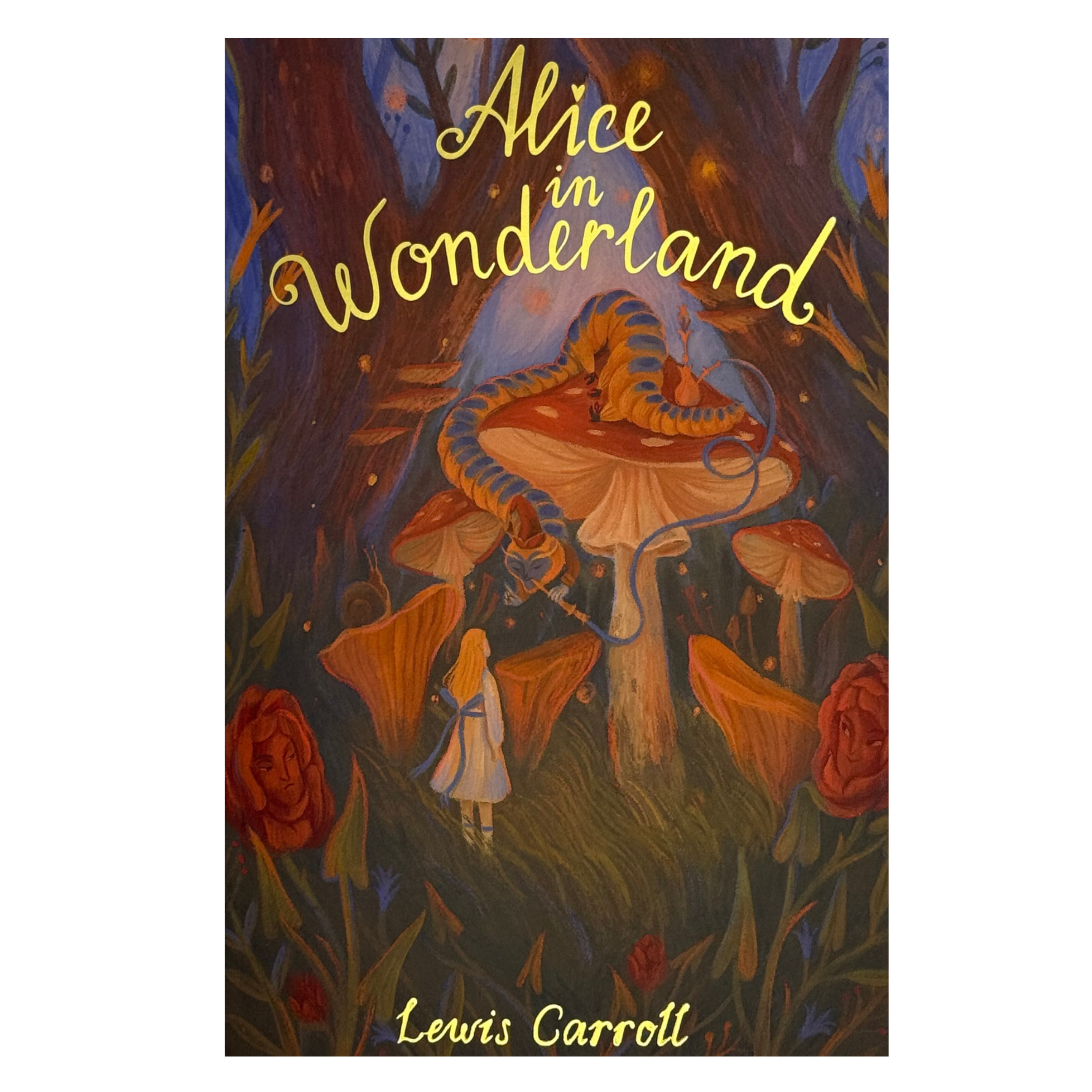 beautiful artwork cover Alice’s Adventures in Wonderland paperback book by Lewis Carroll with illustrated cover featuring Alice and whimsical forest scene