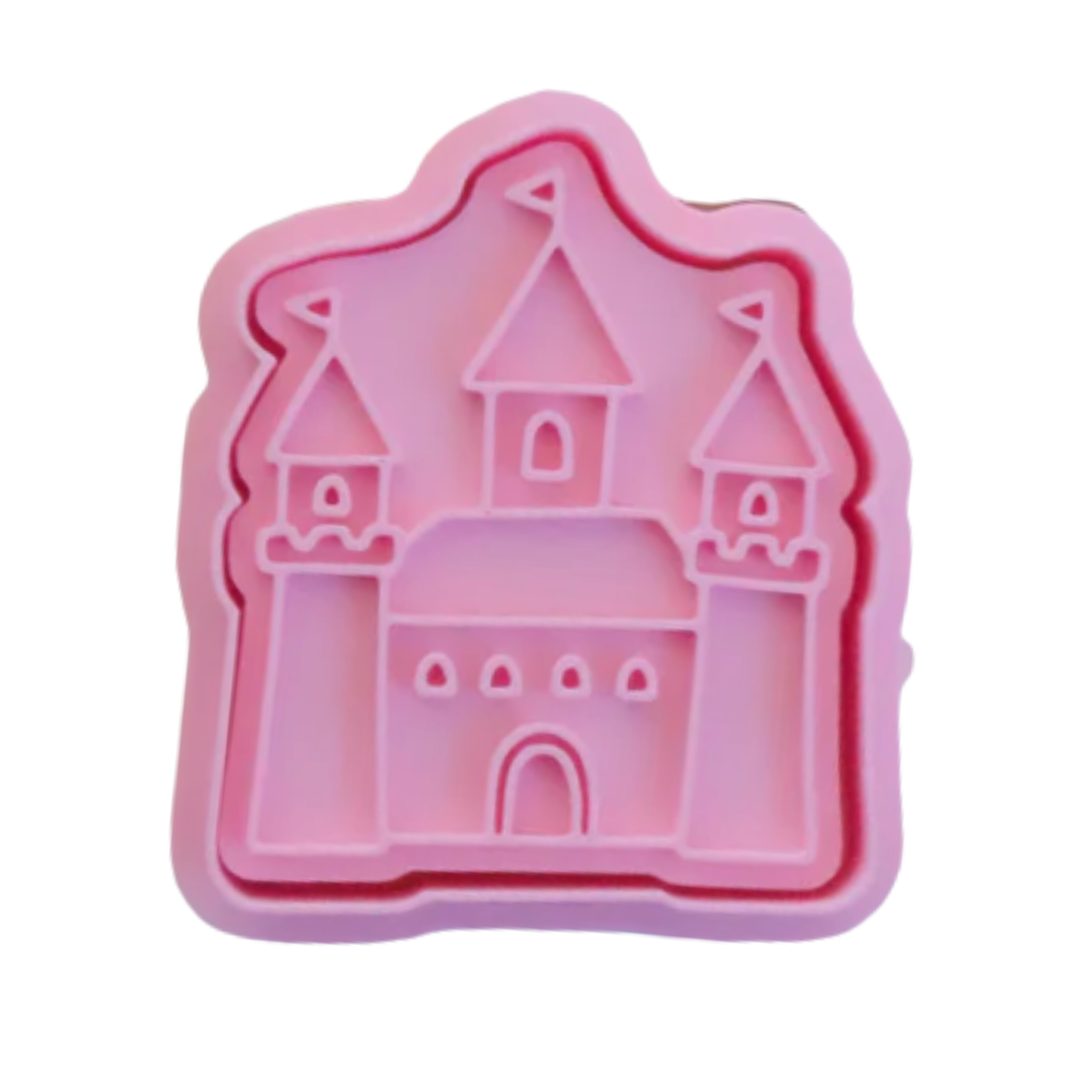 stock image of playdough/clay stamp and cutter. Eco-friendly sensory play tool by brand playsense perfect for creative and imaginative play. can also be used for cookies and baking. pictured is princess castle