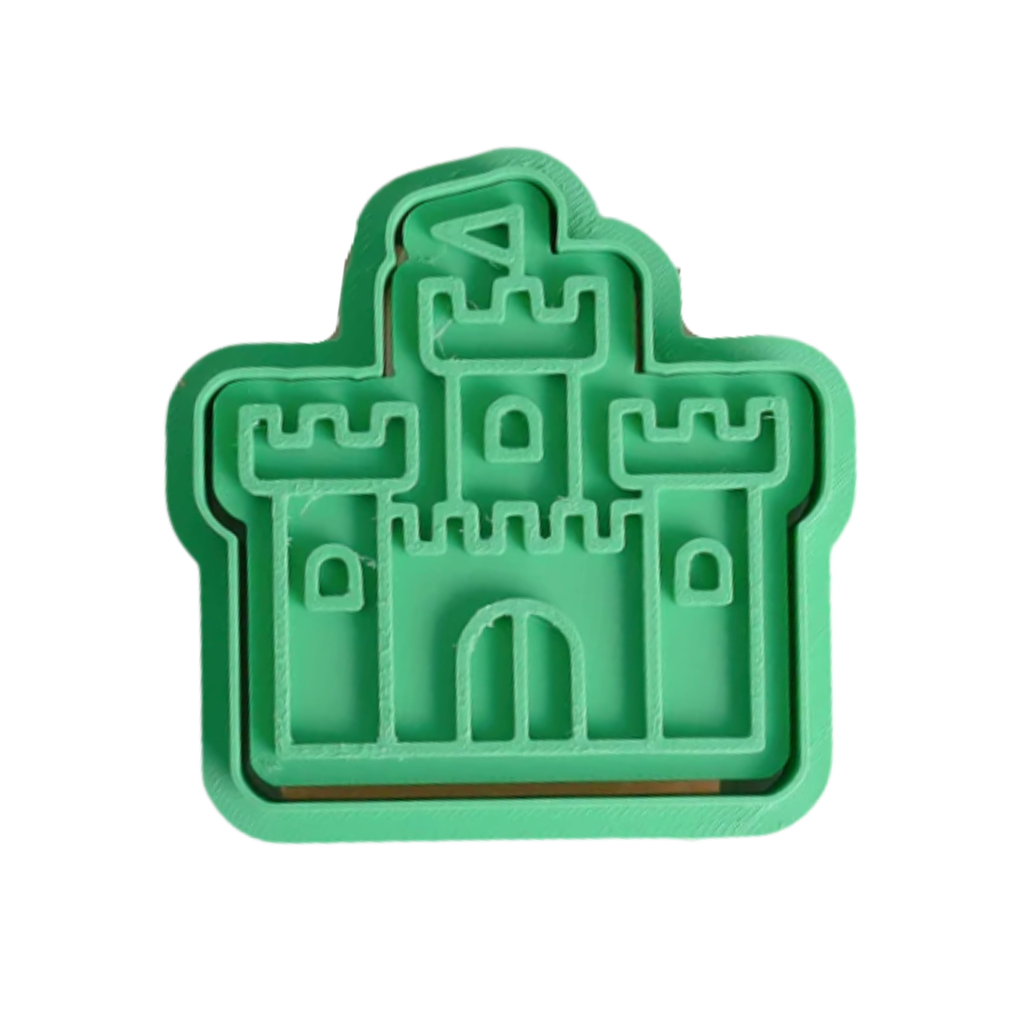 stock image of playdough/clay stamp and cutter. Eco-friendly sensory play tool by brand playsense perfect for creative and imaginative play. can also be used for cookies and baking. pictured is castle