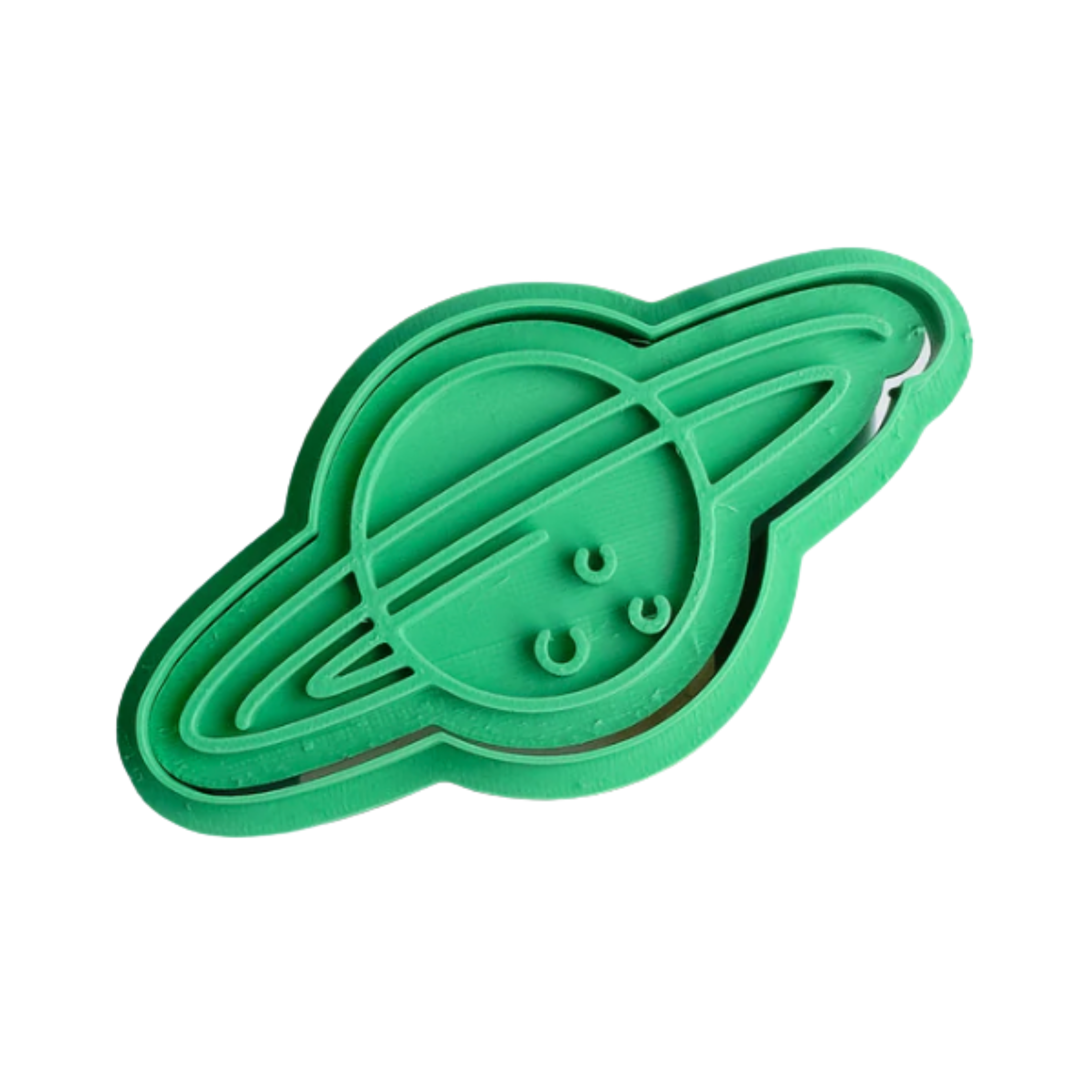 stock image of playdough/clay stamp and cutter. Eco-friendly sensory play tool by brand playsense perfect for creative and imaginative play. can also be used for cookies and baking. pictured is saturn