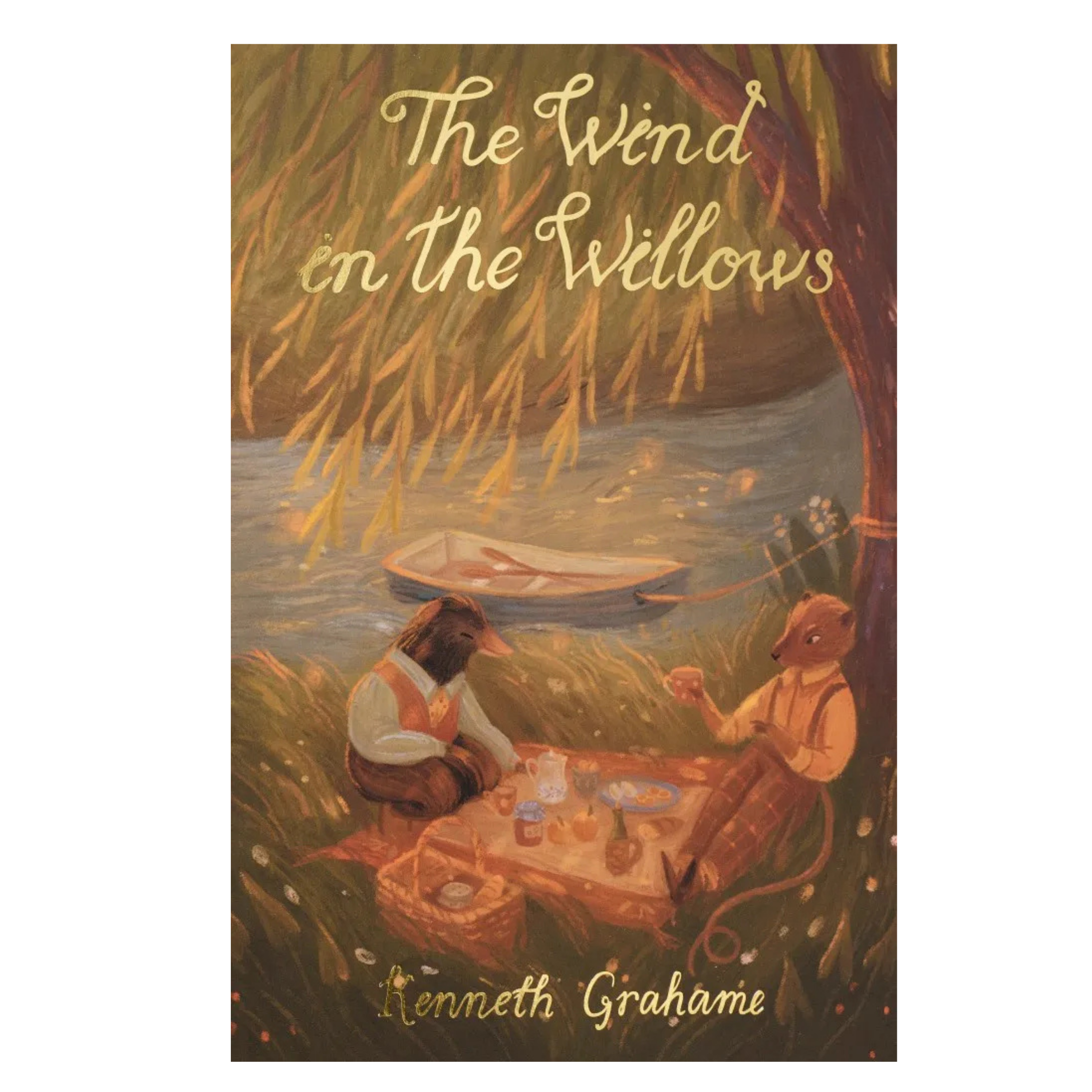 The Wind in the Willows paperback book by Kenneth Grahame with illustrated cover showing woodland animals having a picnic by the river