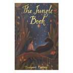 The Jungle Book children’s book by Rudyard Kipling with illustrated cover of Mowgli sitting with a black panther in a glowing jungle scene