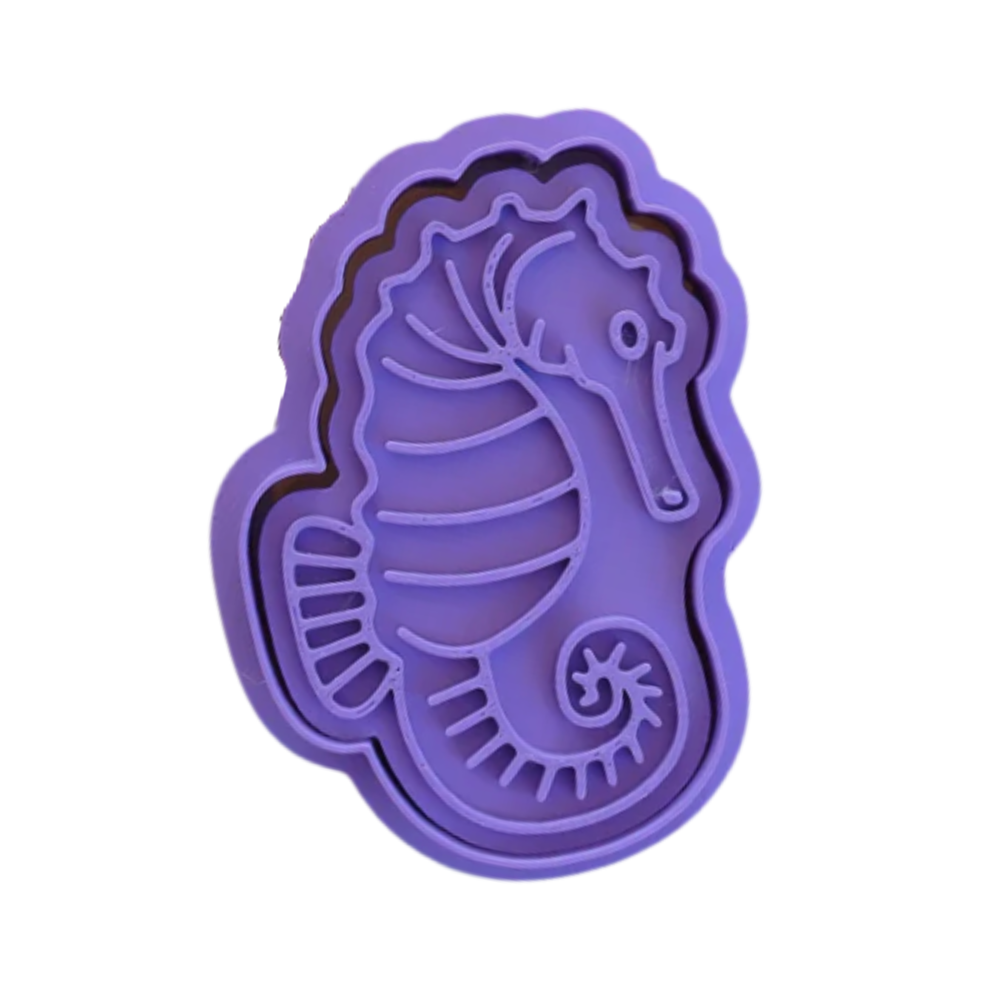 stock image of playdough/clay stamp and cutter. Eco-friendly sensory play tool by brand playsense perfect for creative and imaginative play. can also be used for cookies and baking. pictured is seahorse