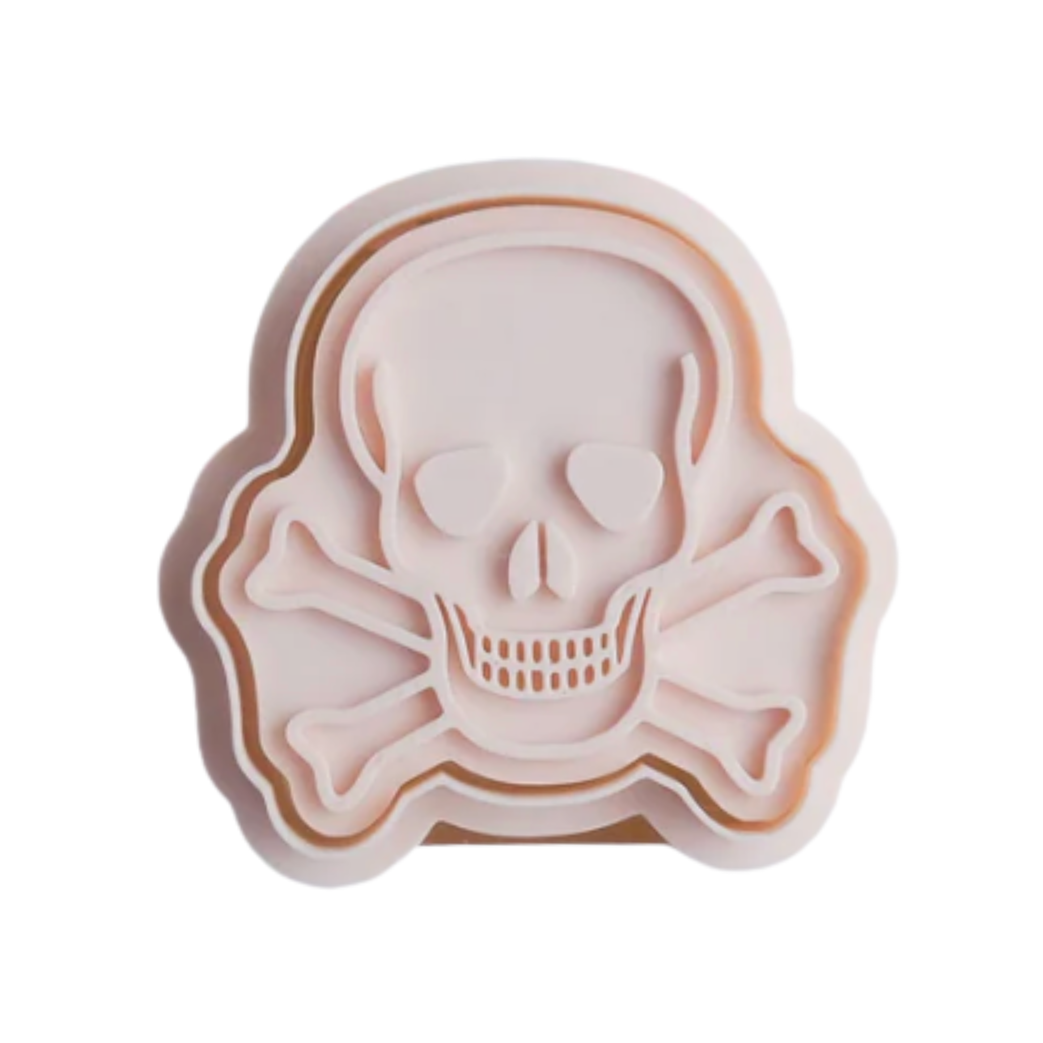 stock image of playdough/clay stamp and cutter. Eco-friendly sensory play tool by brand playsense perfect for creative and imaginative play. can also be used for cookies and baking. pictured is skull and bones