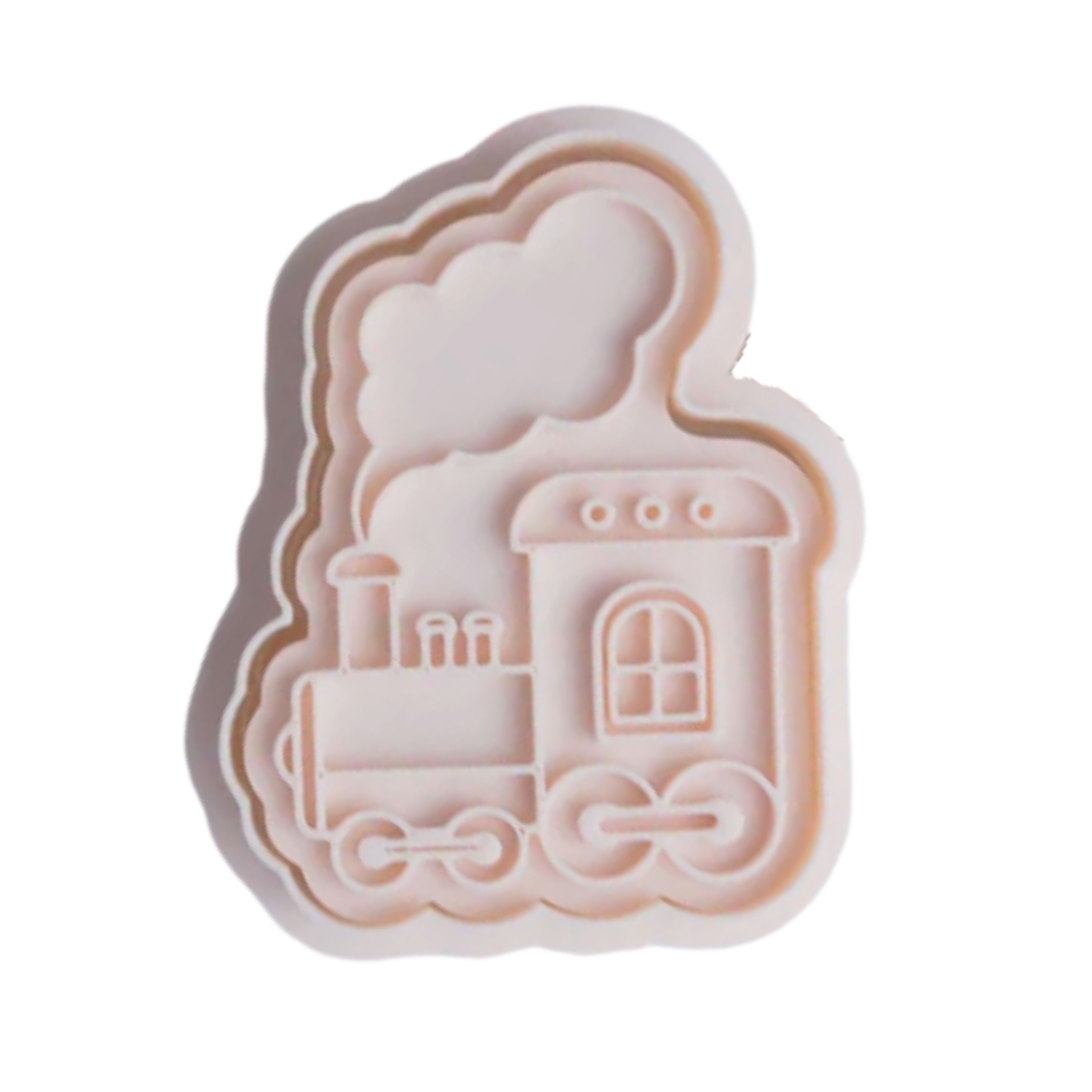 stock image of playdough/clay stamp and cutter. Eco-friendly sensory play tool by brand playsense perfect for creative and imaginative play. can also be used for cookies and baking. pictured is steam train