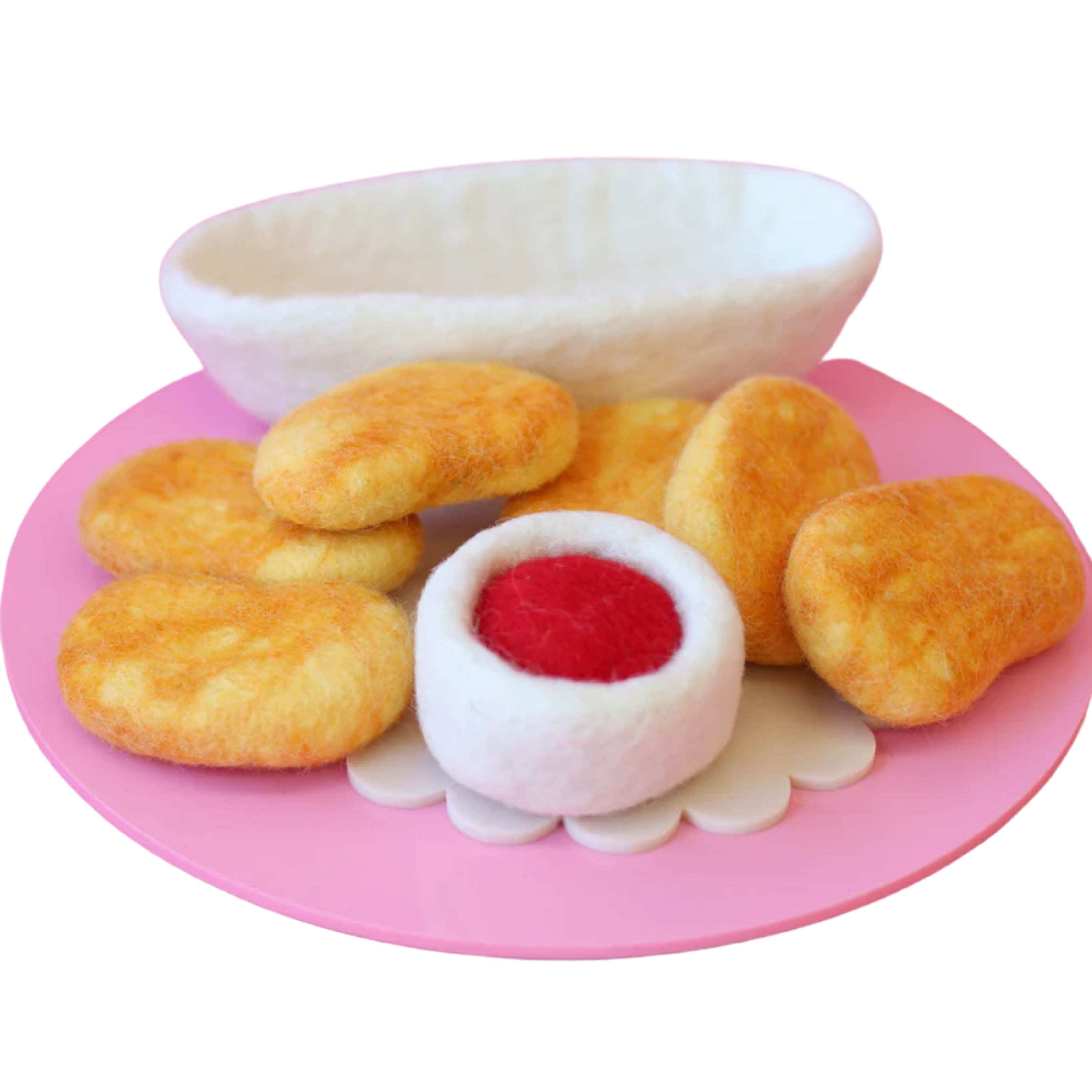felt chicken nuggets toy set handmade wool pretend play food with bowl and sauce Juni Moon