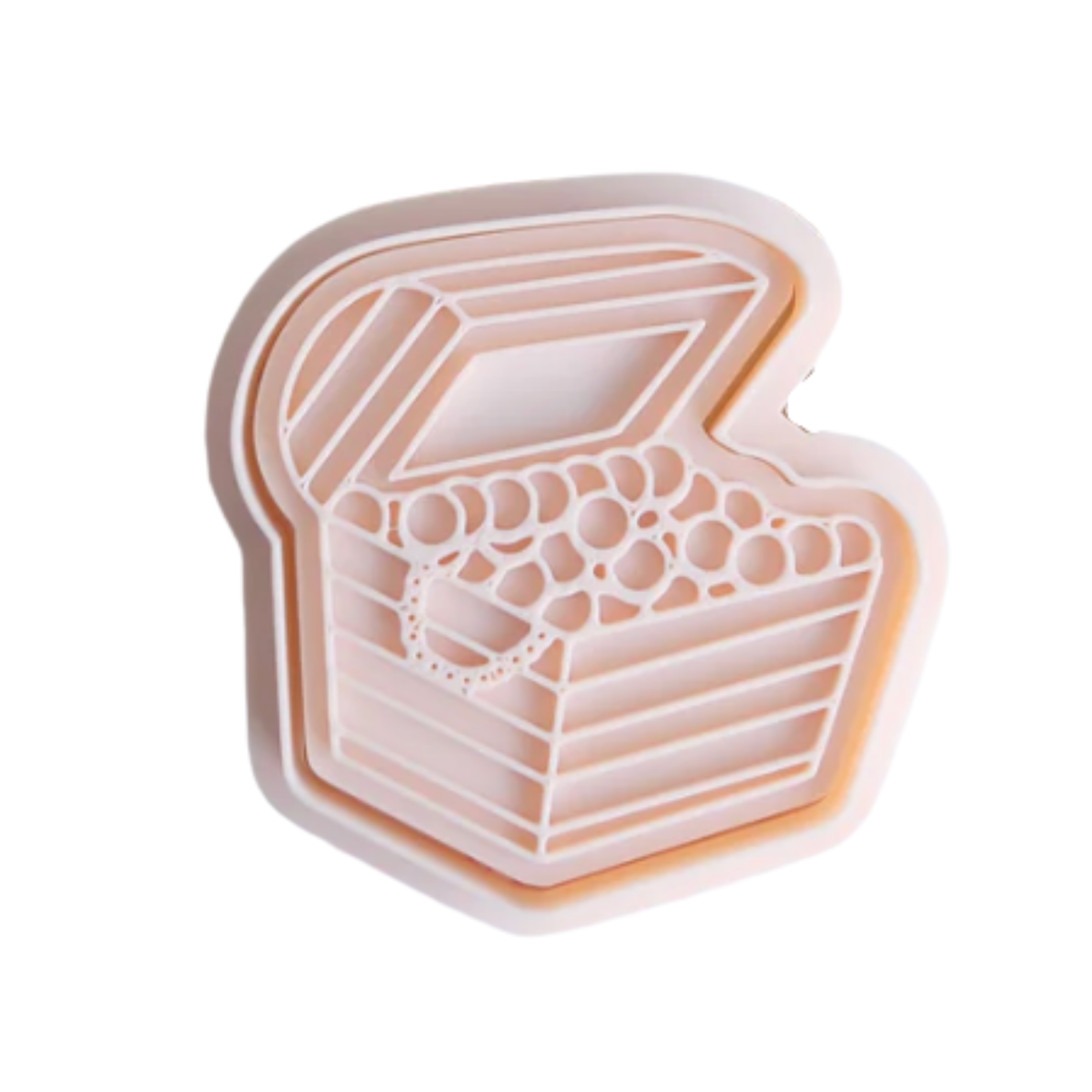 stockimage of playdough/clay stamp and cutter. Eco-friendly sensory play tool by brand playsense perfect for creative and imaginative play. can also be used for cookies and baking. pictured is treasure chest