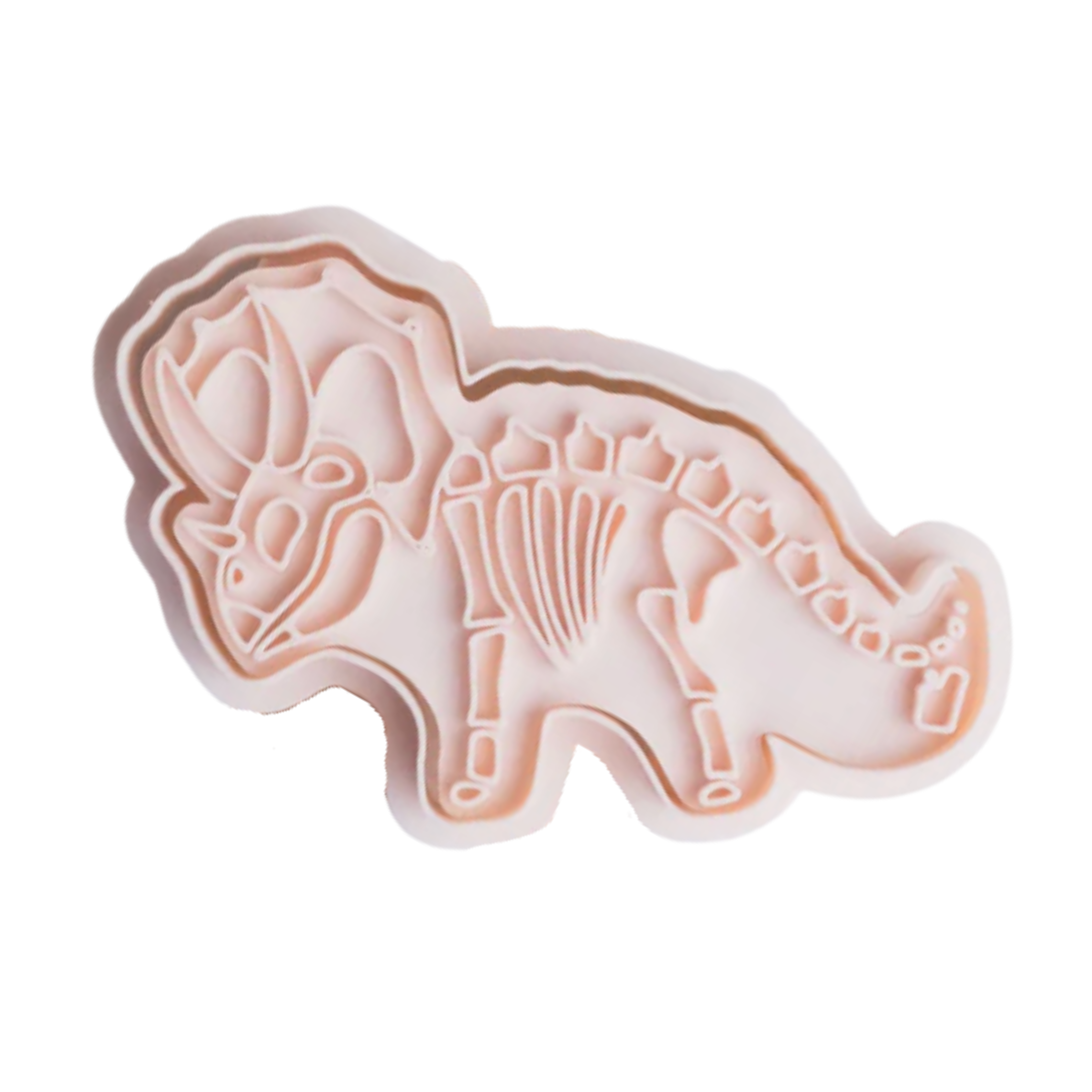 stock image of playdough/clay stamp and cutter. Eco-friendly sensory play tool by brand playsense perfect for creative and imaginative play. can also be used for cookies and baking. pictured is triceratops dino