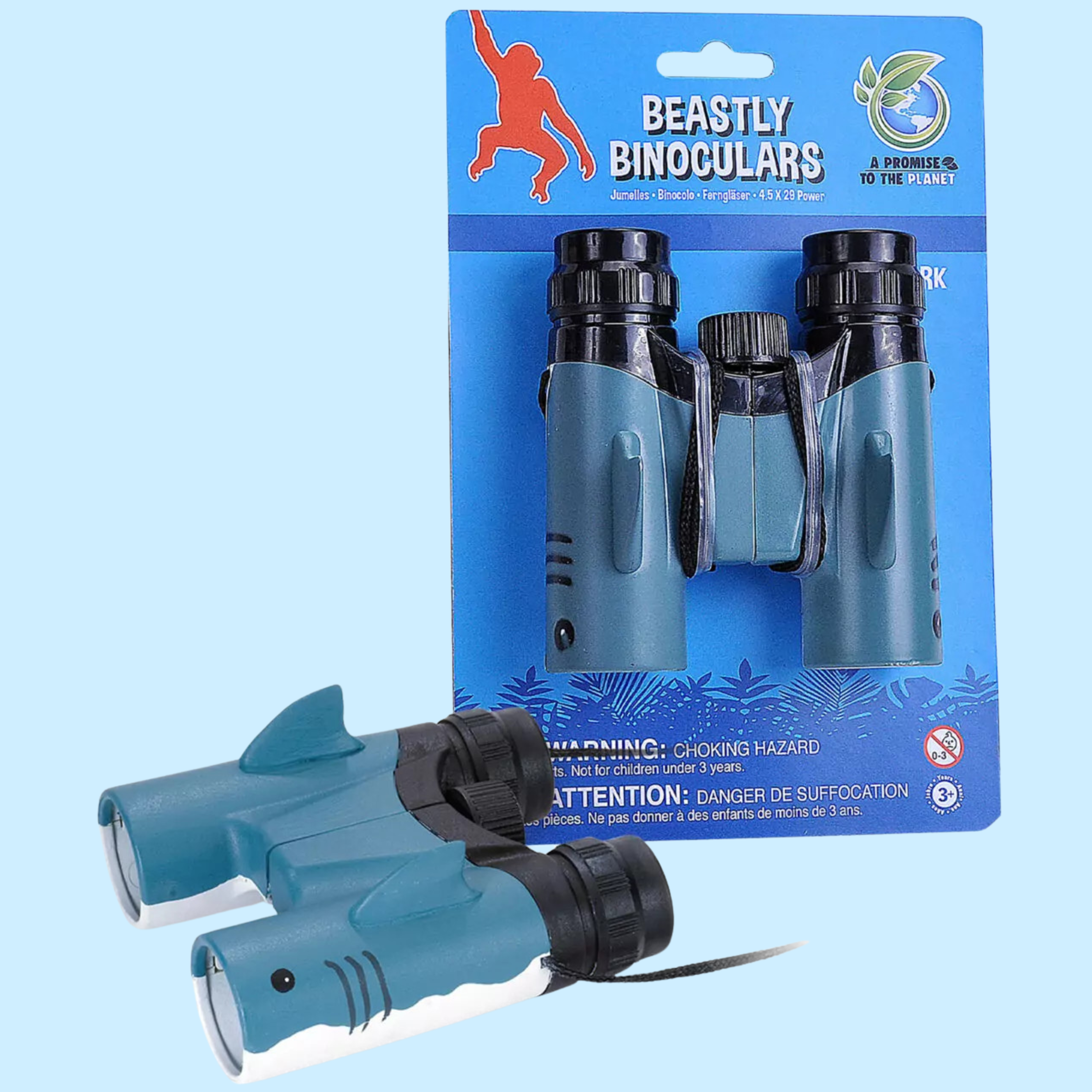 Wild Republic Beastly Shark Kids Binoculars featuring a blue shark-inspired design for birdwatching, nature exploration and outdoor adventures.