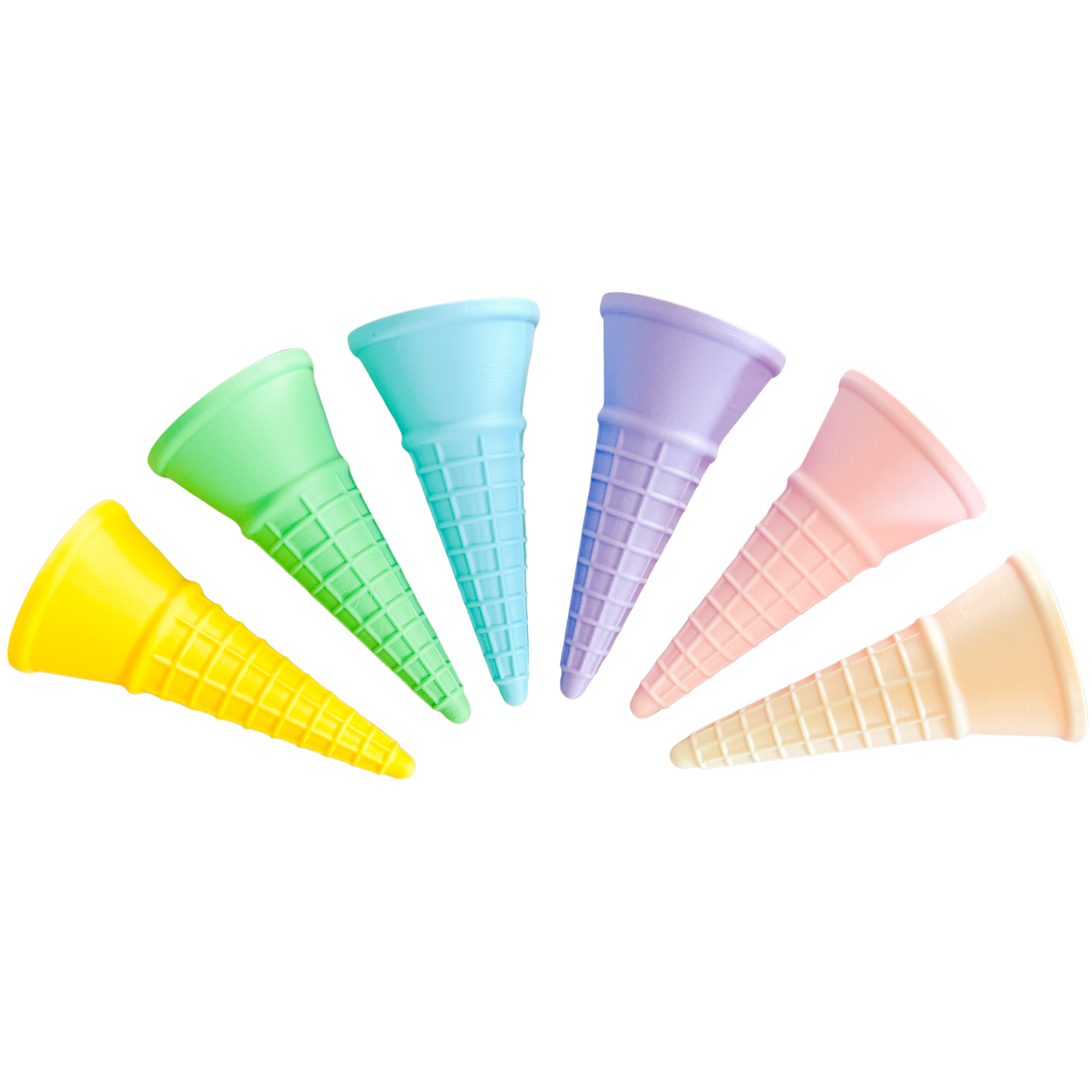 stock image of colourful rainbow 3d printed eco ice cream cone for sensory play with clay, playdough, dough and more. brand is playsense. these are fun for kids. pictures is colours yellow, green, blue, purple, pink and beige