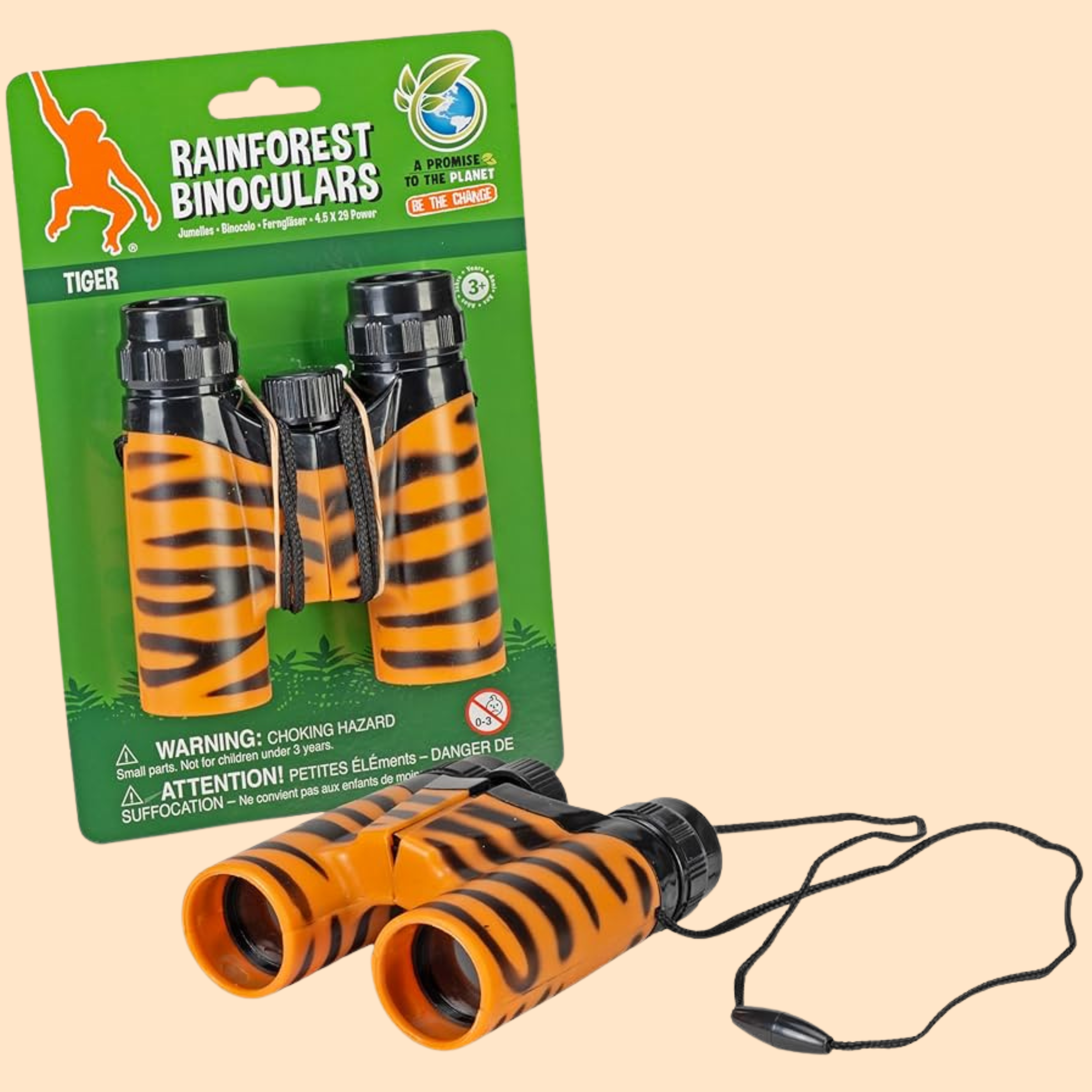 Wild Republic Tiger Kids Binoculars featuring an orange and black tiger-print design for birdwatching, outdoor exploration and nature adventures.