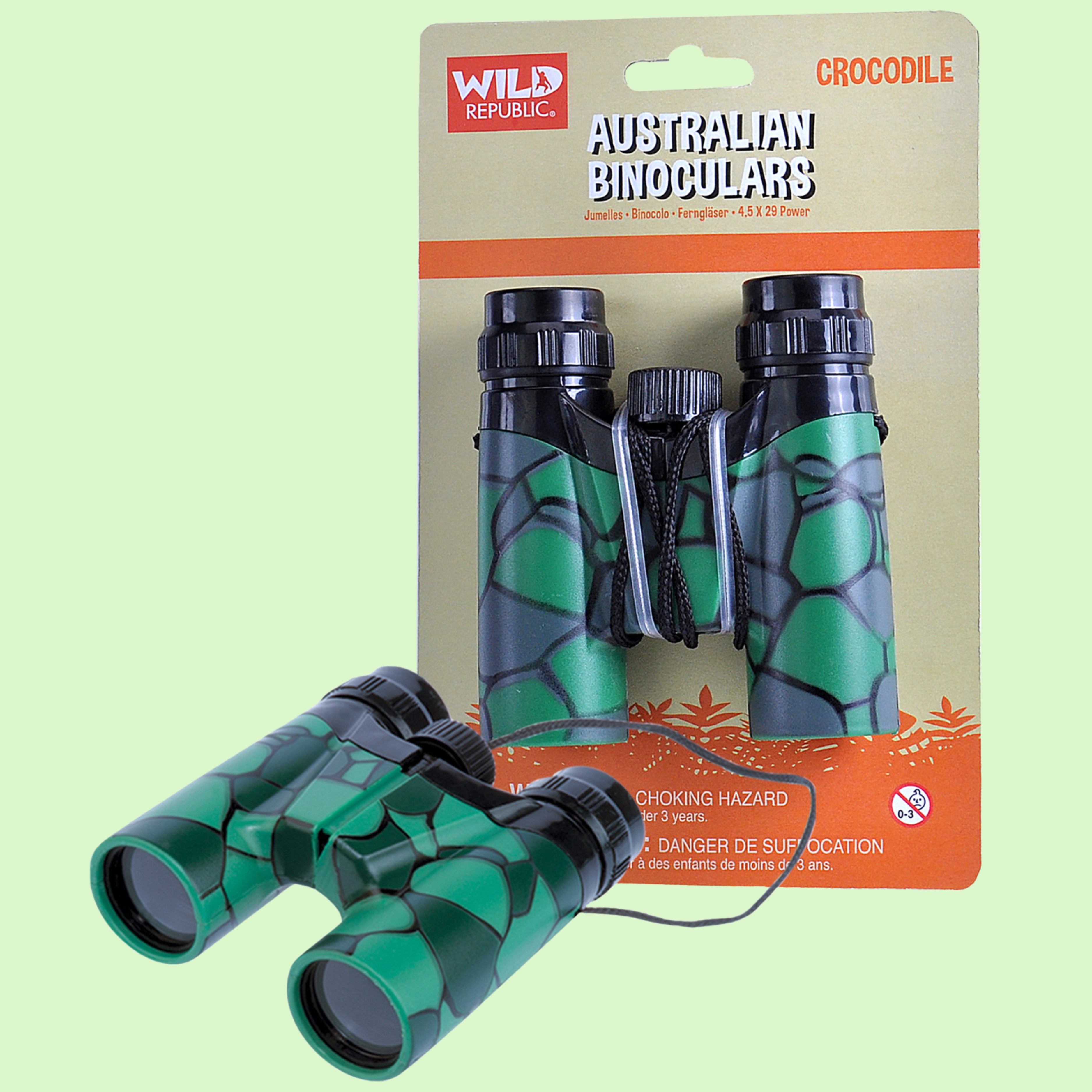 Wild Republic Crocodile Kids Binoculars with green crocodile print design for outdoor adventures, birdwatching and nature exploration.