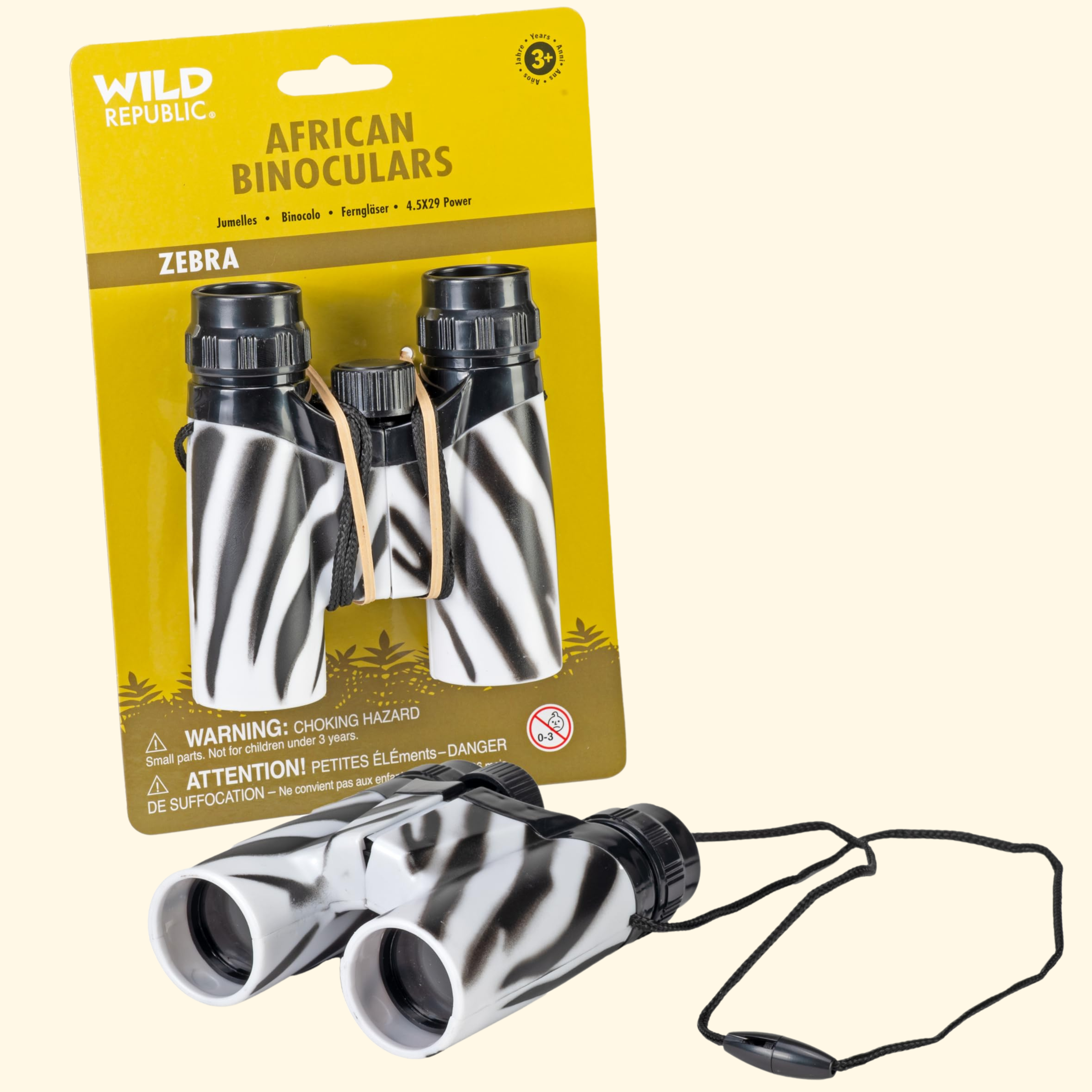 Wild Republic Zebra Kids Binoculars with black and white zebra print design for birdwatching, wildlife spotting and outdoor exploration.