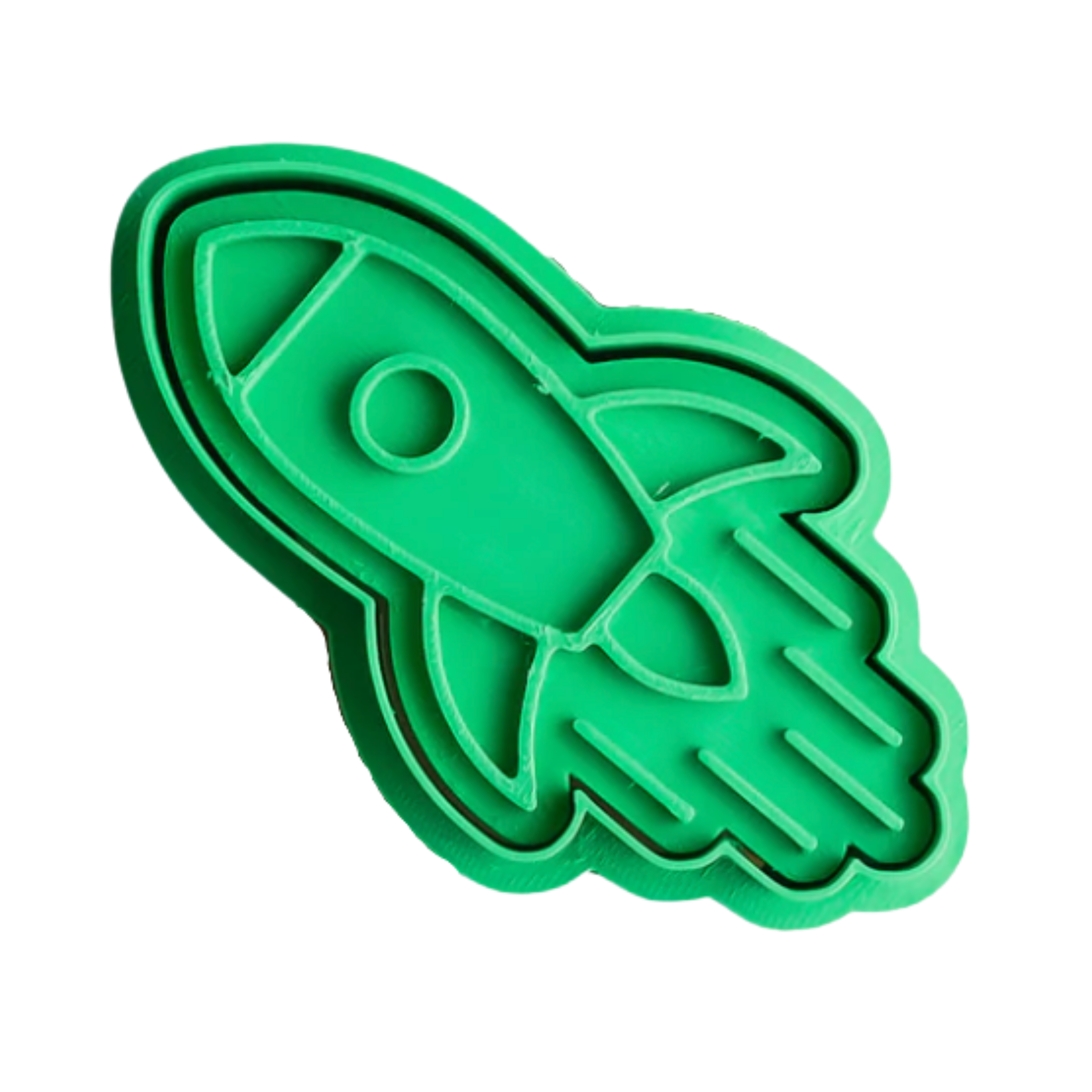 stock image of playdough/clay stamp and cutter. Eco-friendly sensory play tool by brand playsense perfect for creative and imaginative play. can also be used for cookies and baking. pictured is rocket