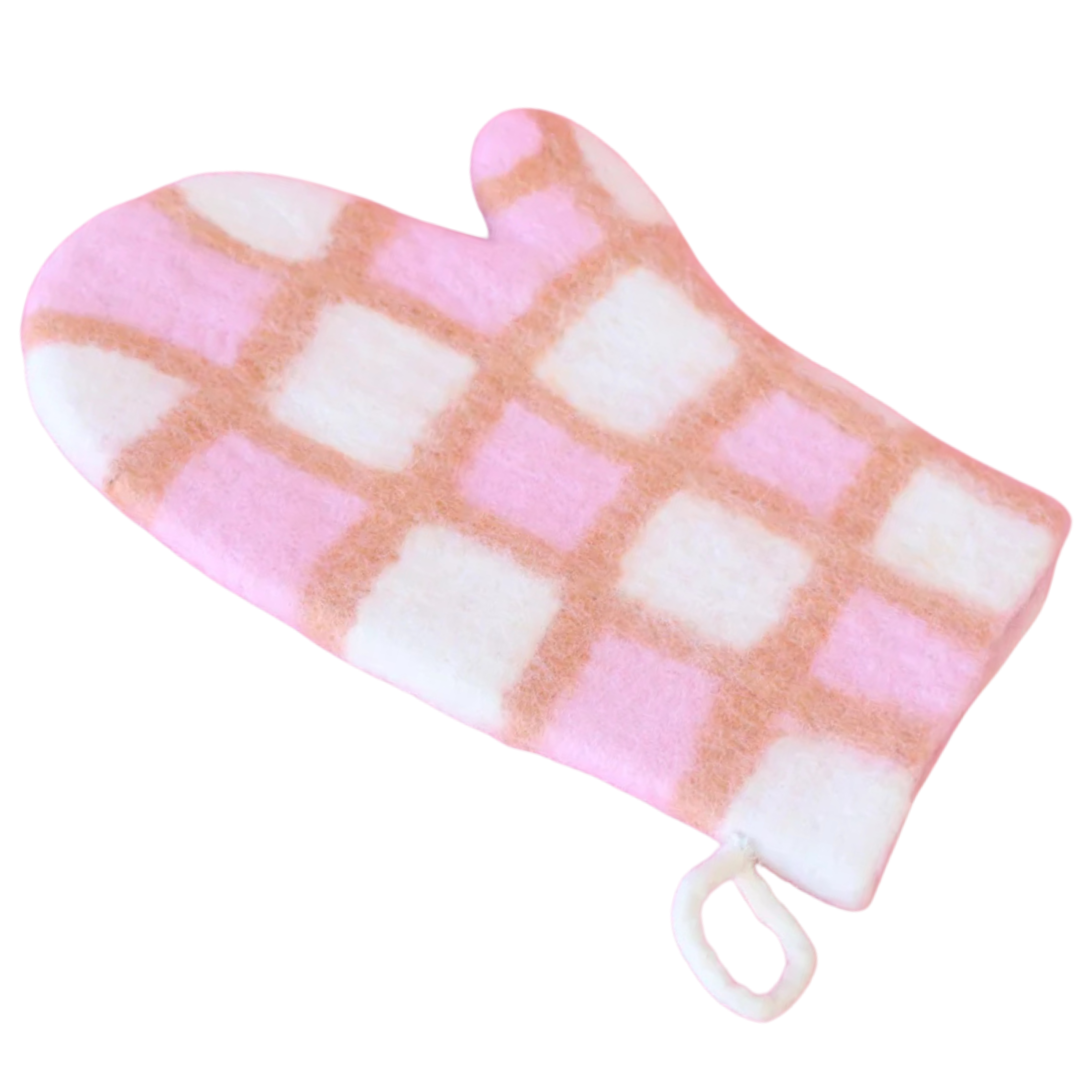 Childrens felt oven mitt in pink and peach gingham pattern made from wool for pretend play kitchen