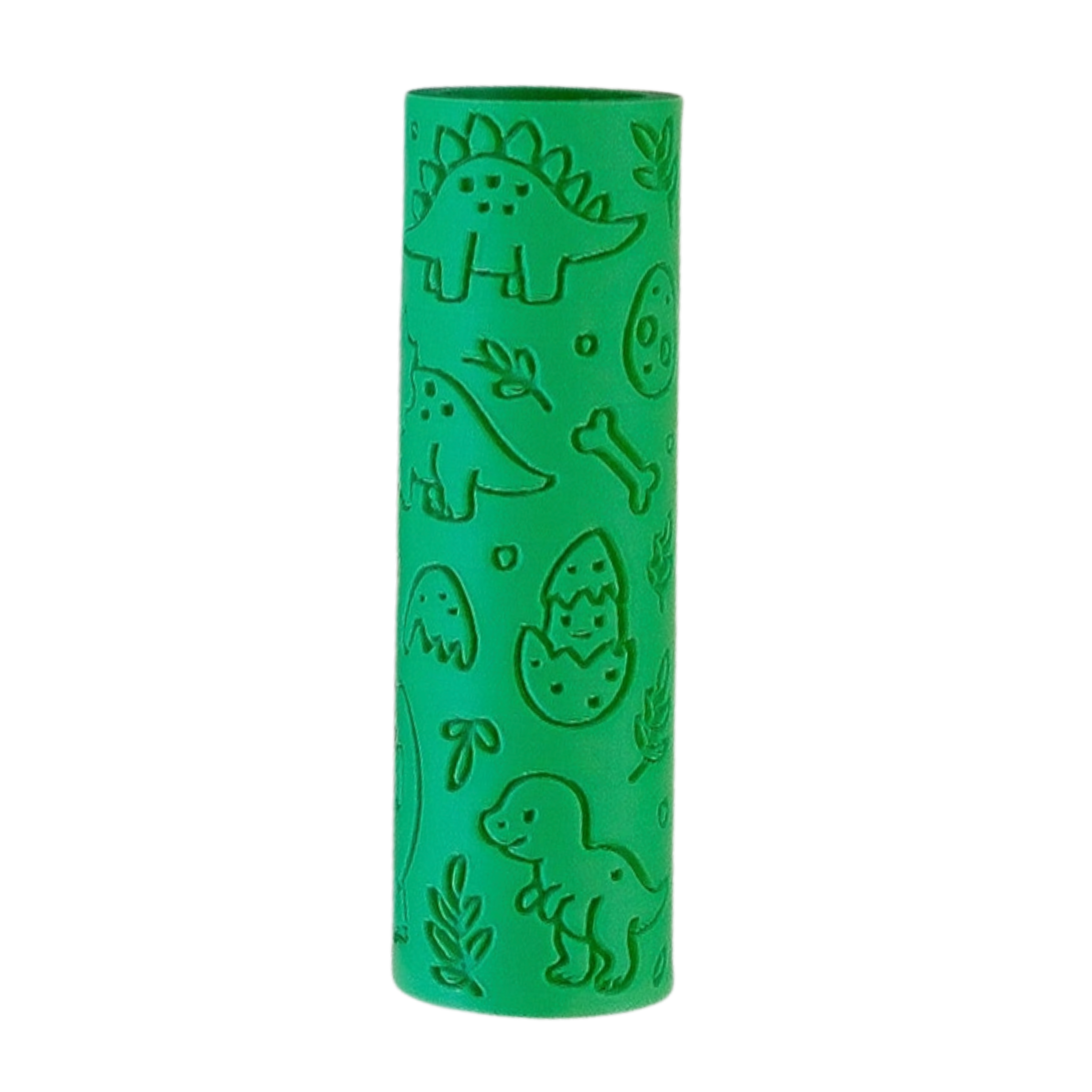 Image of eco textured dough roller designed with fun patterns and to be used with sensory like playdough or can be used for cooking dough. Textured roller is in the pattern dinosaur