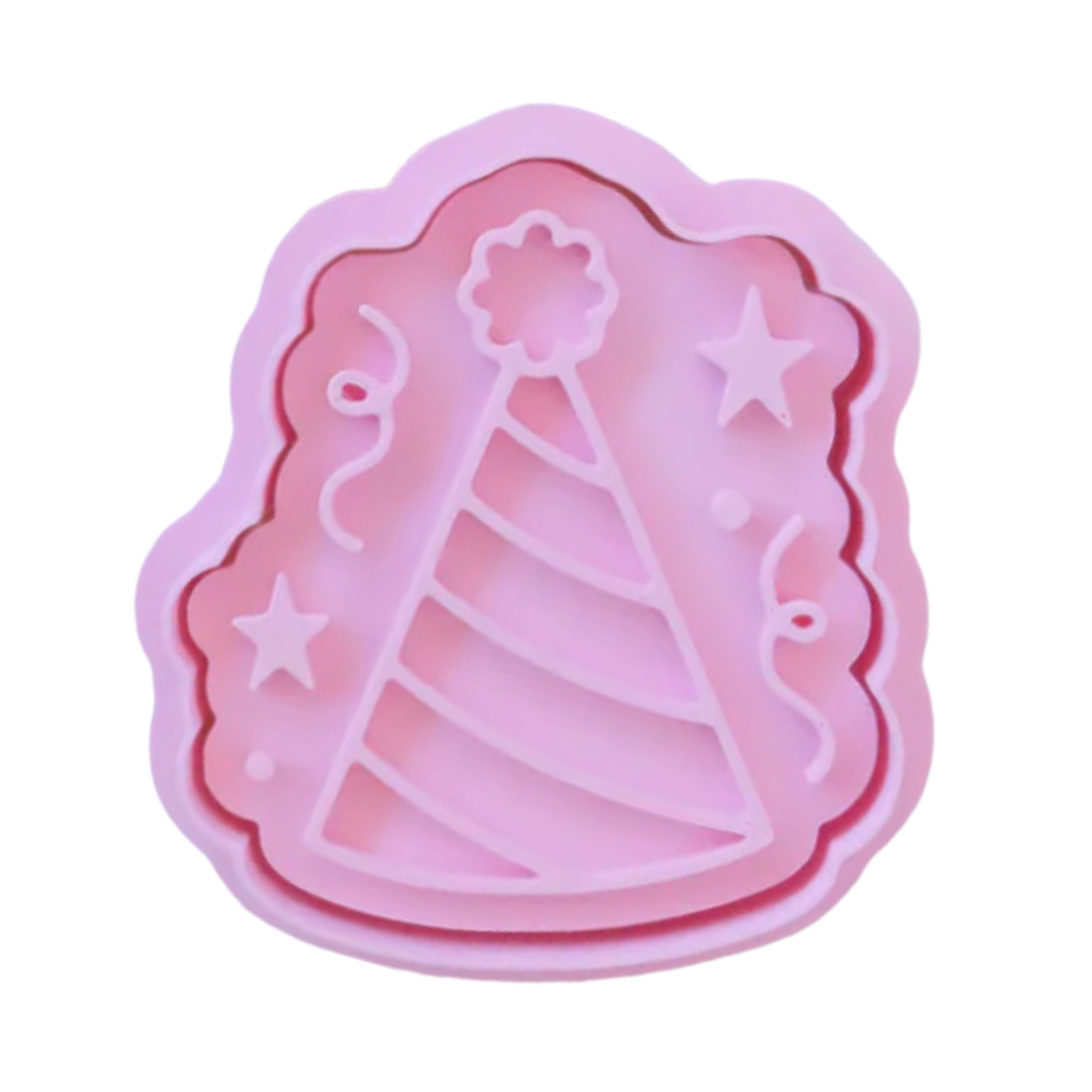 stock image of playdoughc/clay stamp and cutter. Eco-friendly sensory play tool by brand playsense perfect for creative and imaginative play. can also be used for cookies and baking. pictured is party hat